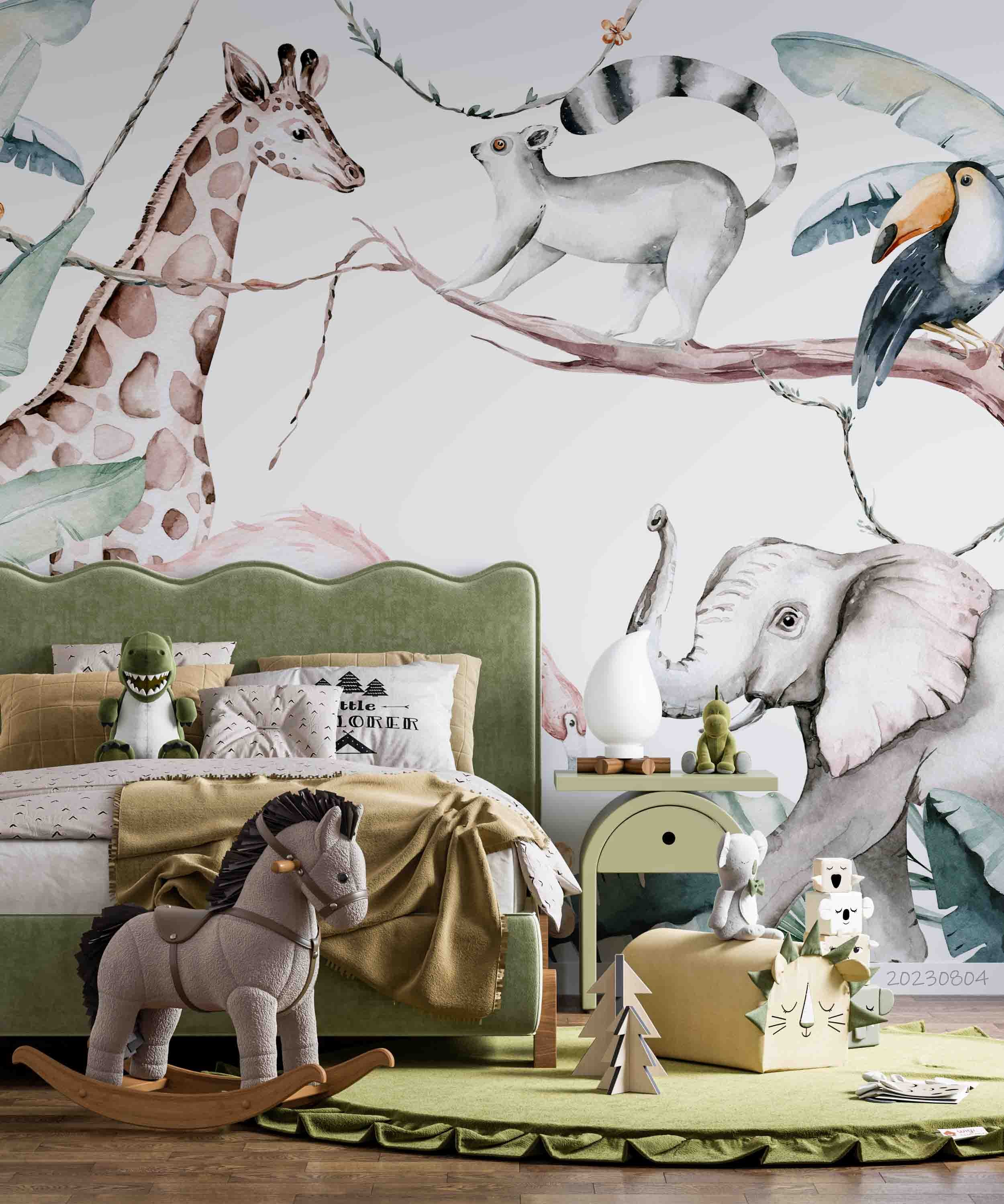 3D Animal Flamingo Giraffe Cat Elephant Rhinoceros Leaf Wall Mural Wallpaper YXL 2532