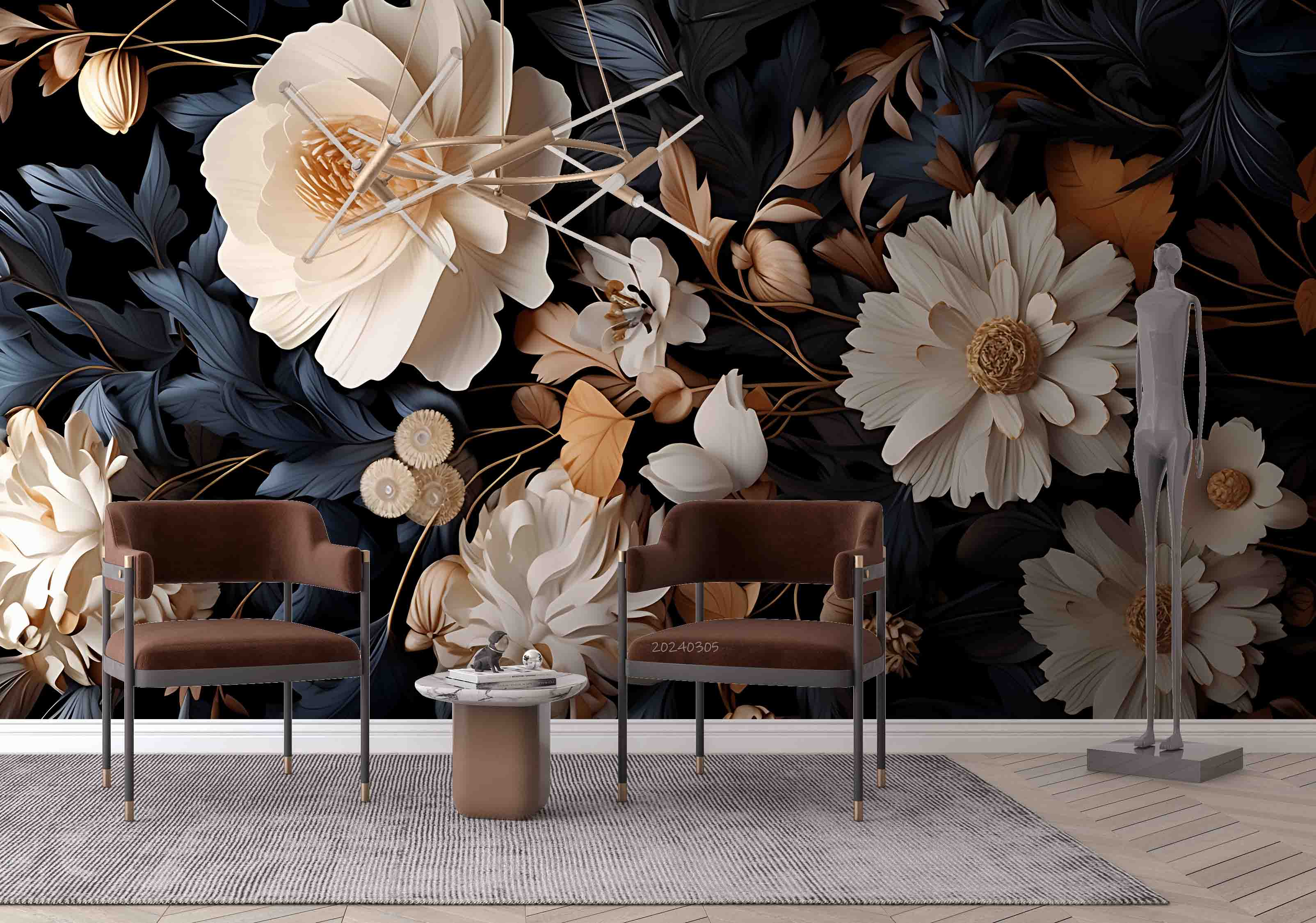 3D Floral Leaves Dark Background Wallpaper Wall Mural Wall Decor Wall Art Wall Sticker Remoable Wallpaper