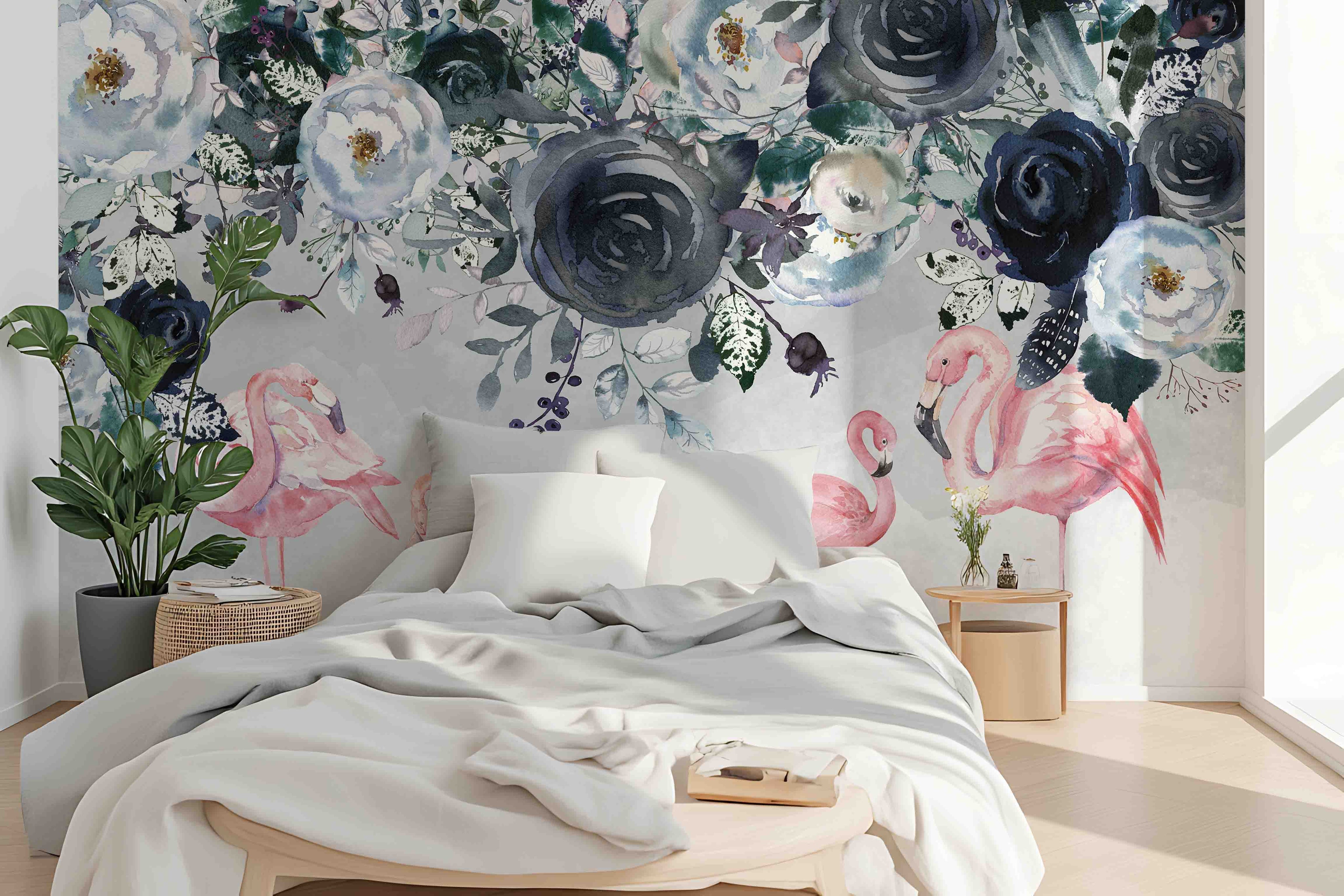 3D Black Rose Pink Flamingo Wall Mural Wallpaper 423