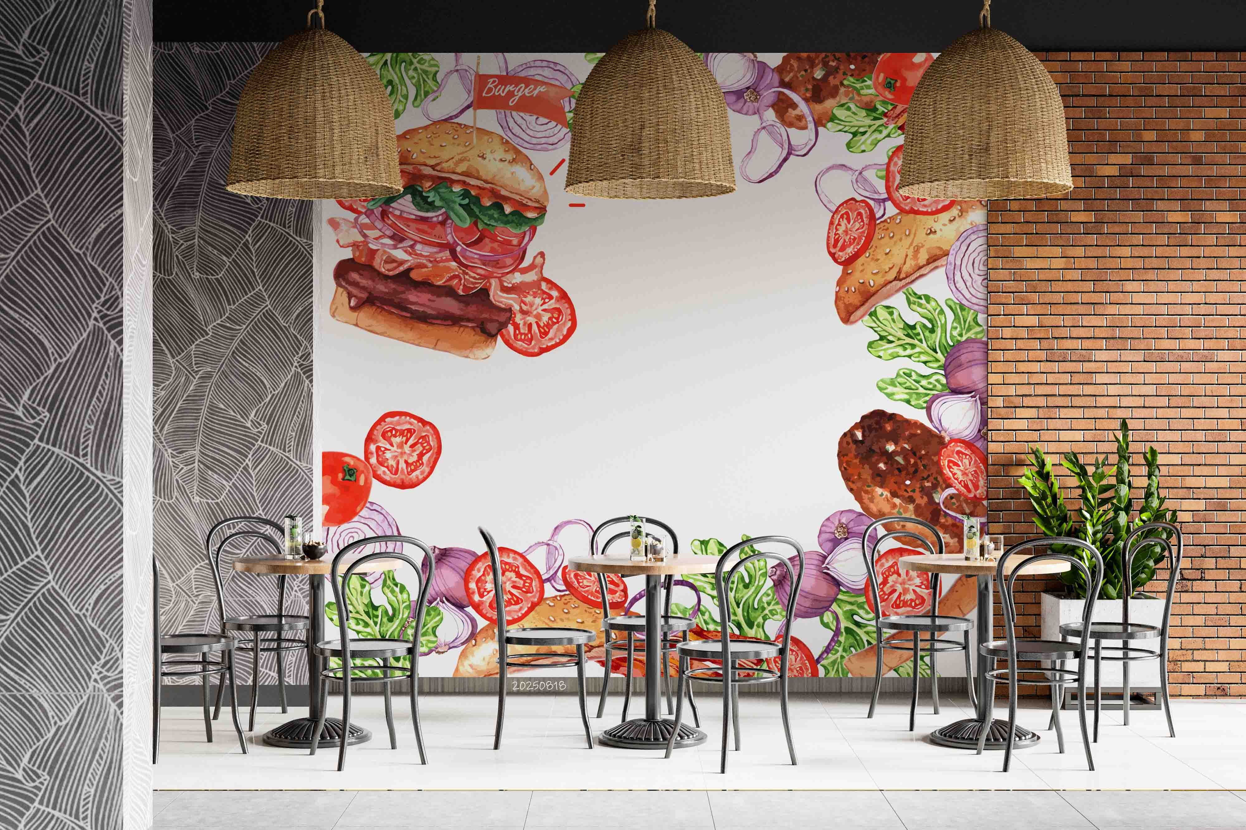 3D Restaurant Snack Bar Diner Fast Food Hamburger Vegetable Wall Mural Wallpaper 9
