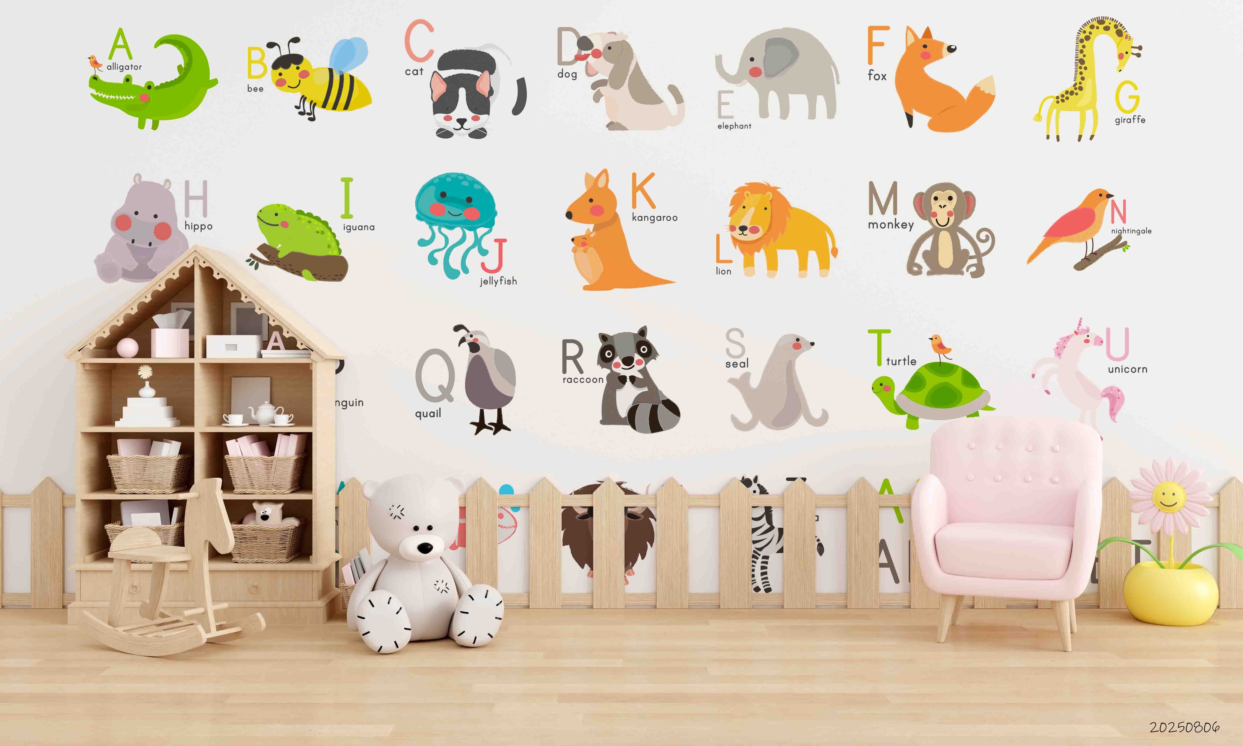3D Childcare Nursery School Cartoon Letters Animals Wall Mural Wallpaper JN