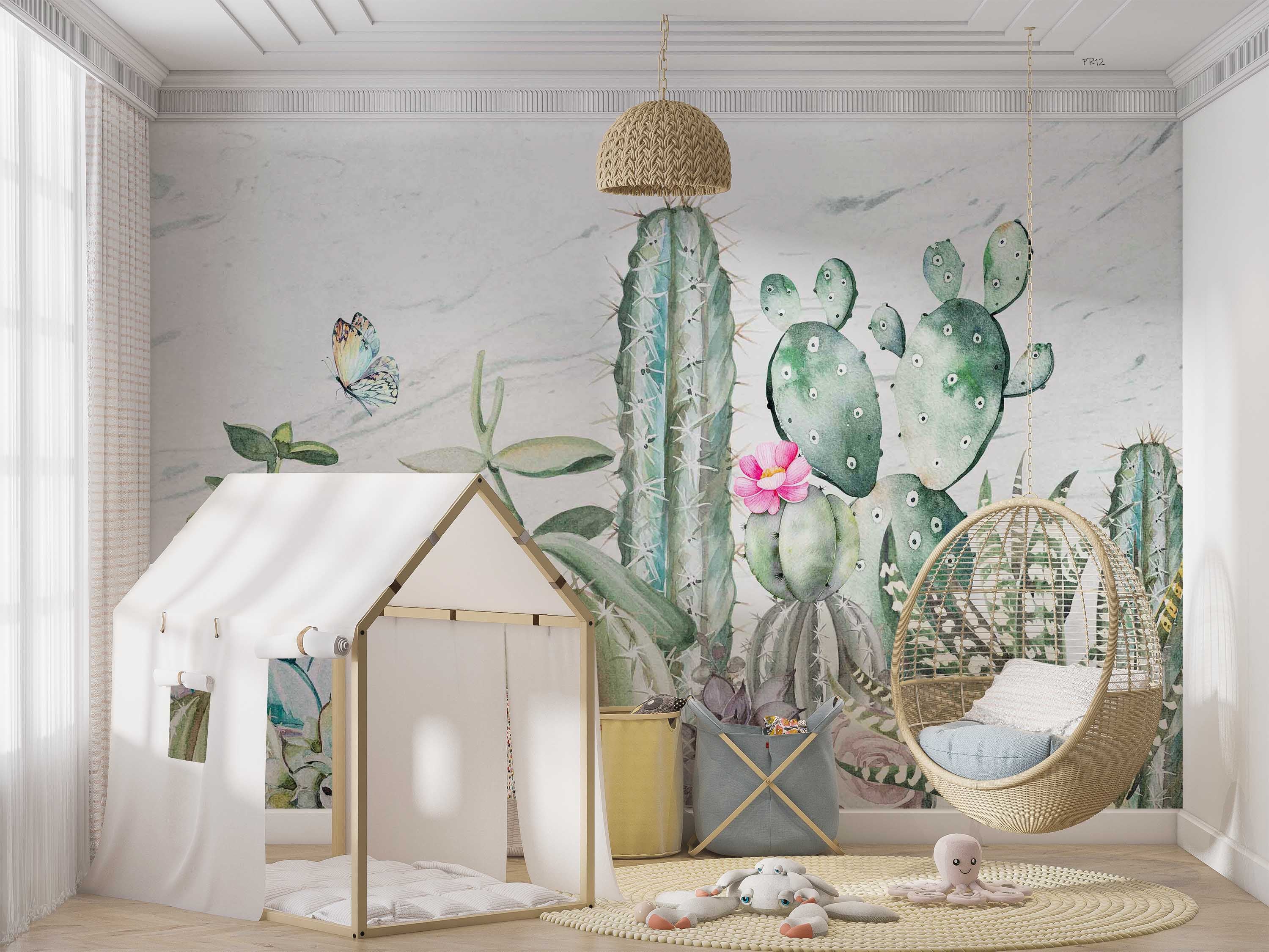 3D Watercolor Cactus Floral Butterfly Wall Mural Wallpaper GD 4962- Jess Art Decoration