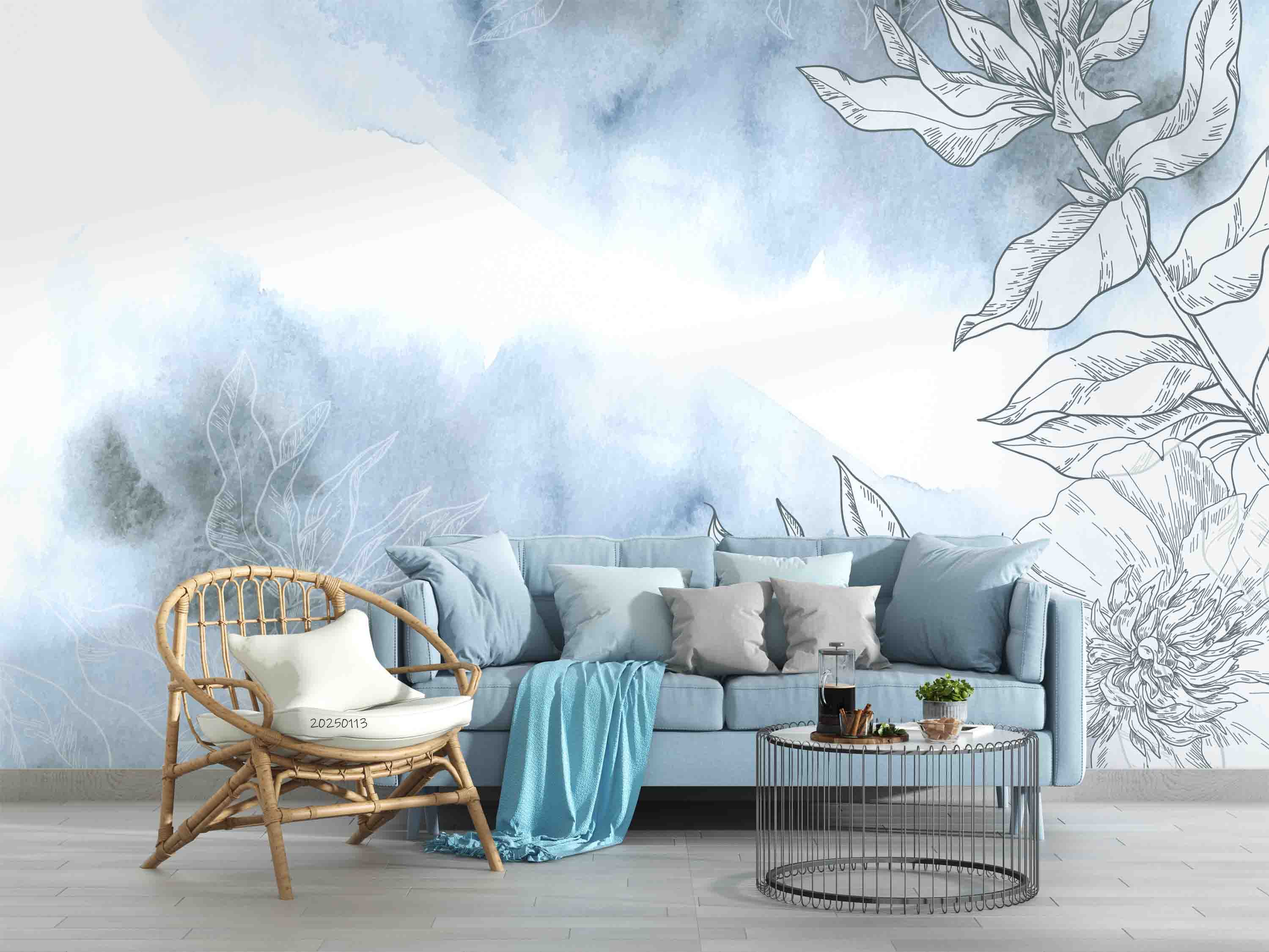 3D Watercolor Blue Floral Leaf Pattern Wallpaper Wall Mural Wall Decor Wall Art Wall Sticker Remoable Wallpaper LQH 7