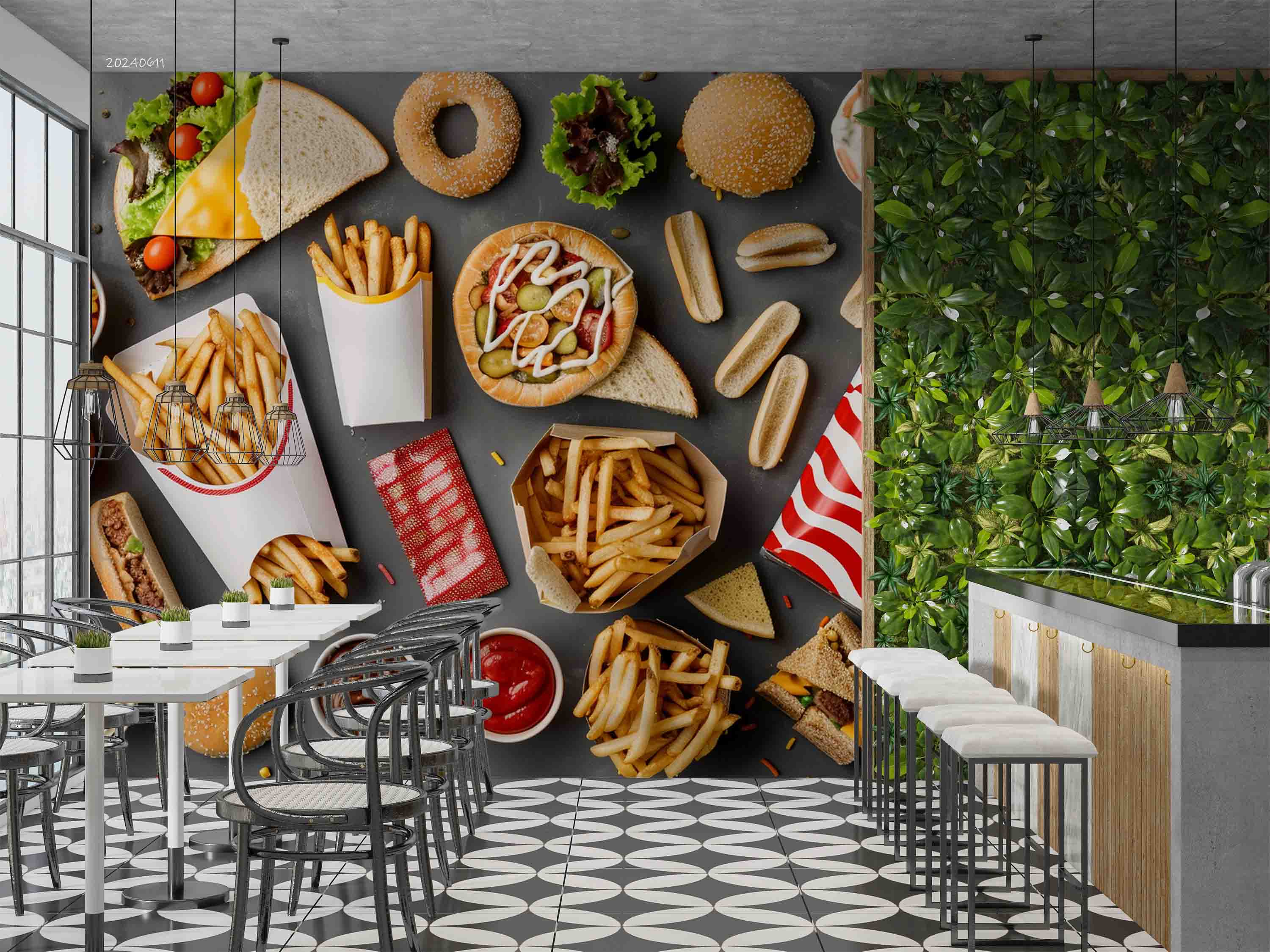 3D Hamburger Chips Ketchup Hot Dog Bread Niblet Wall Mural Wallpaper YXL 308