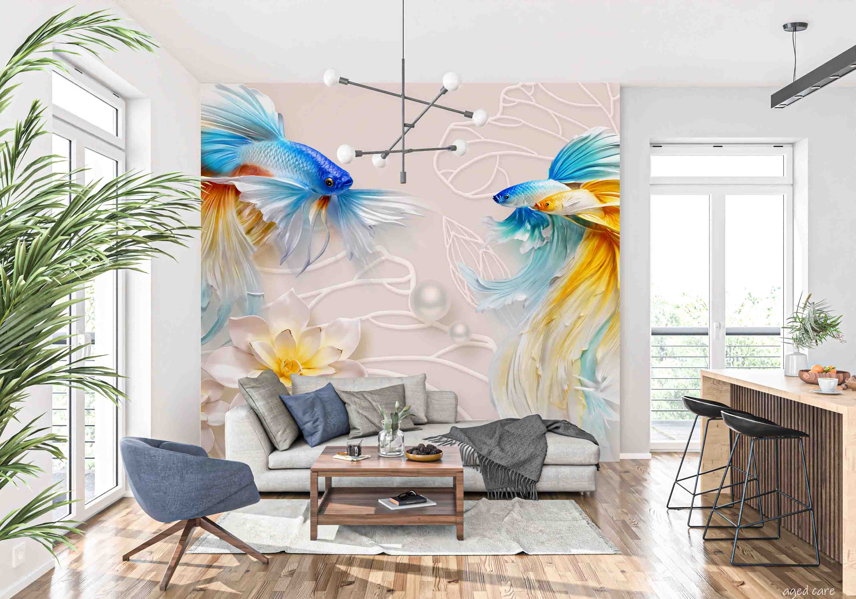 3D Aged Care Retirement Home Gerocomium Rest Home Fish Floral Wall Mural Wallpaper 9