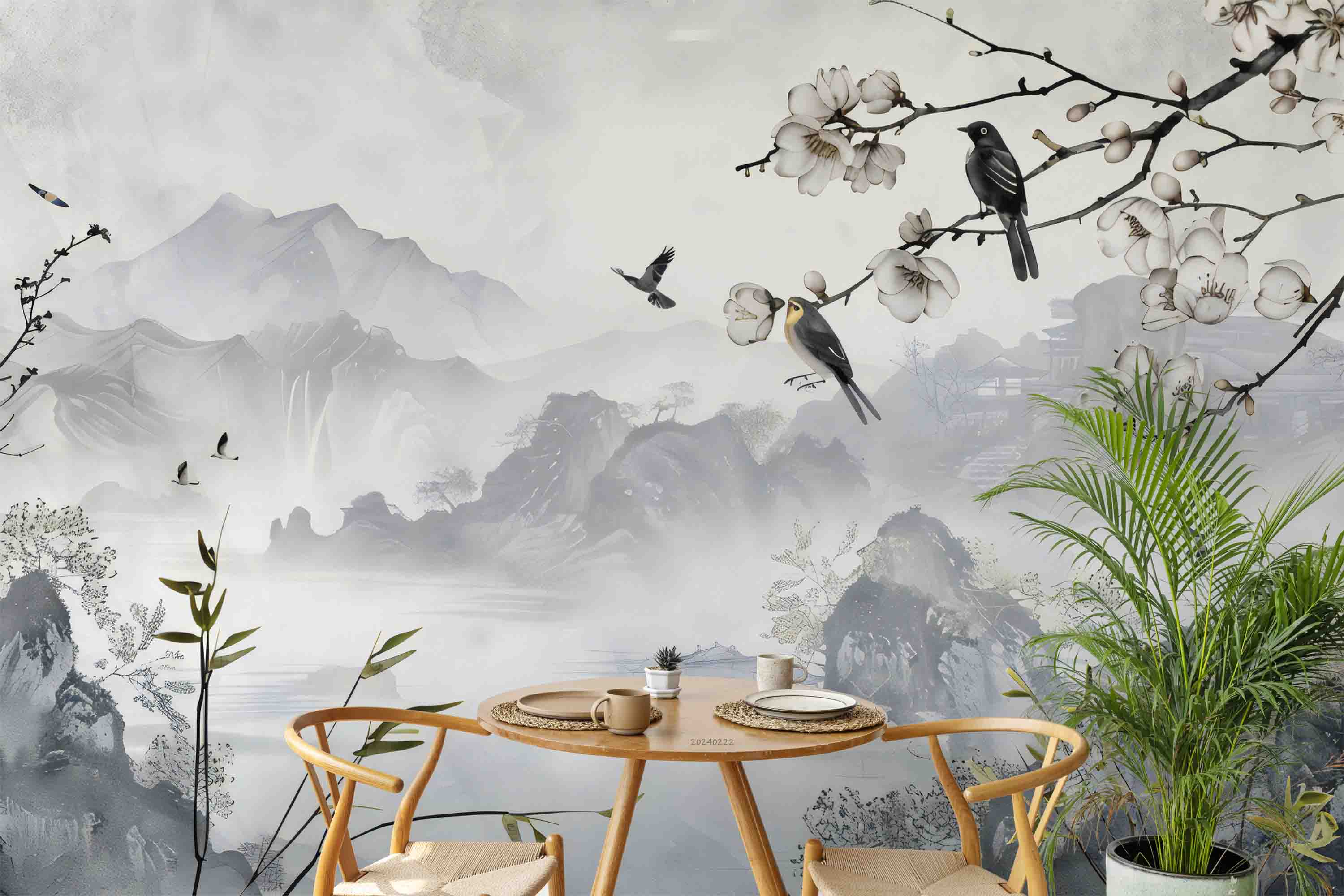 3D Watercolor Grey Mountain Plum Blossom Bird Wallpaper Wall Mural Wall Decor Wall Art Wall Sticker Remoable Wallpaper LQH 11