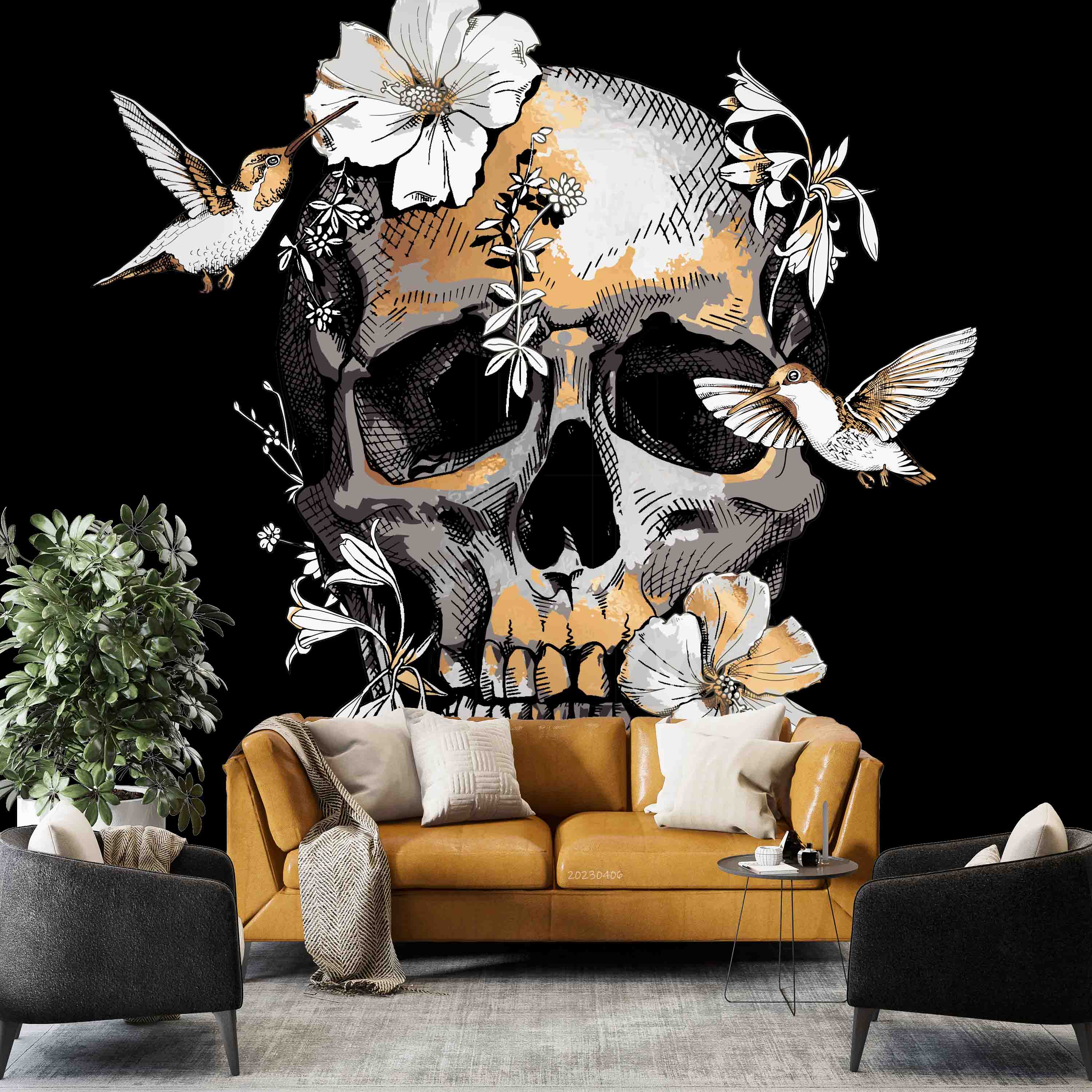 3D Human Skull Exotic Tropical Hibiscus Hummingbird Wall Mural Wallpaper GD 5632- Jess Art Decoration