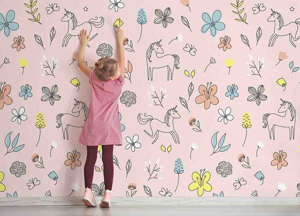 3D Painting Unicorn Floral Leaf Butterfly Wall Mural Wallpaper GD 3693- Jess Art Decoration