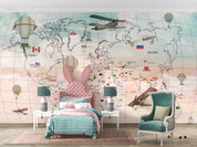 3D World Map Hydrogen Balloon Aircraft Rectangle Wall Mural Wallpaper YXL 357