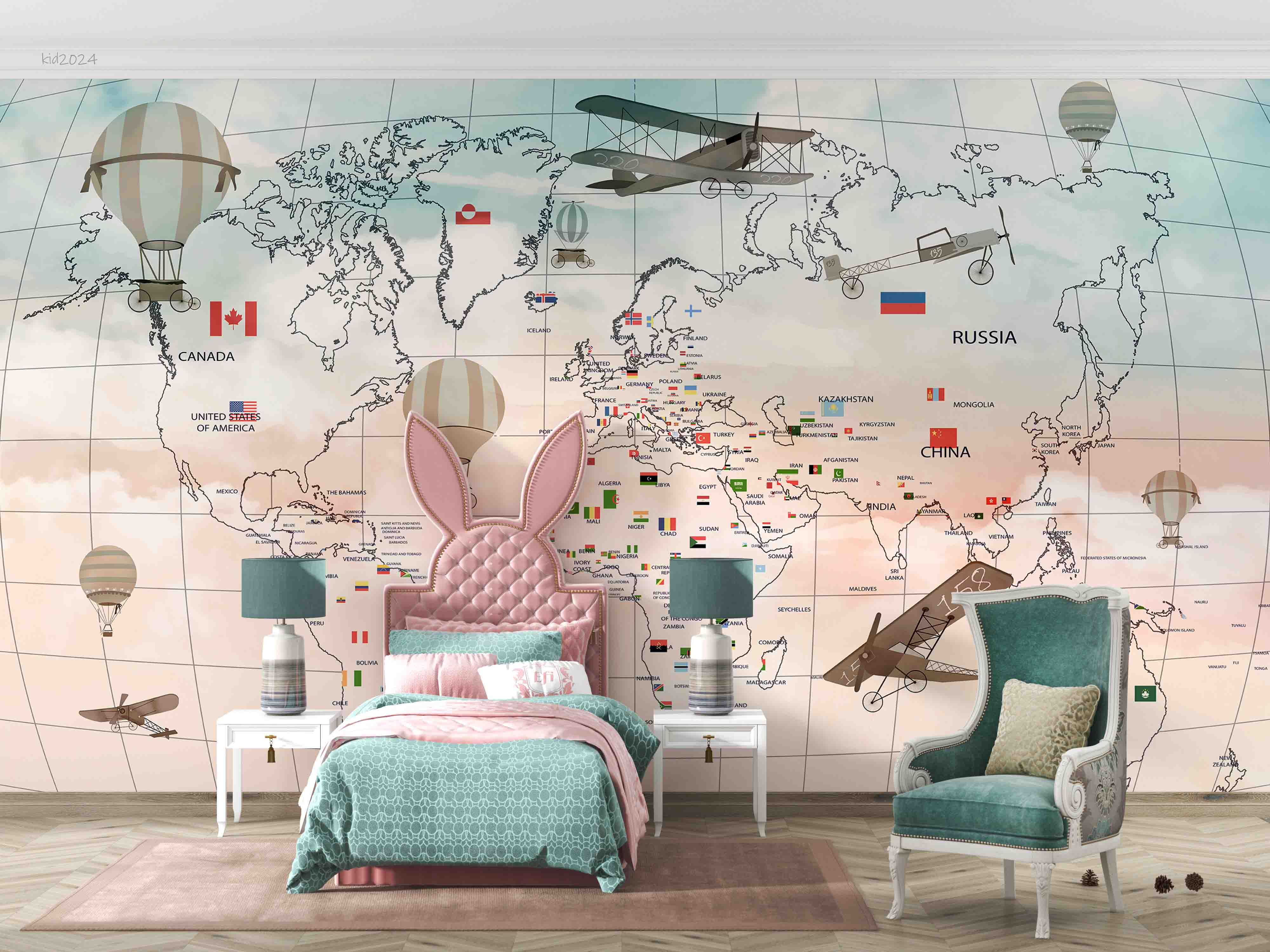 3D World Map Hydrogen Balloon Aircraft Rectangle Wall Mural Wallpaper YXL 357