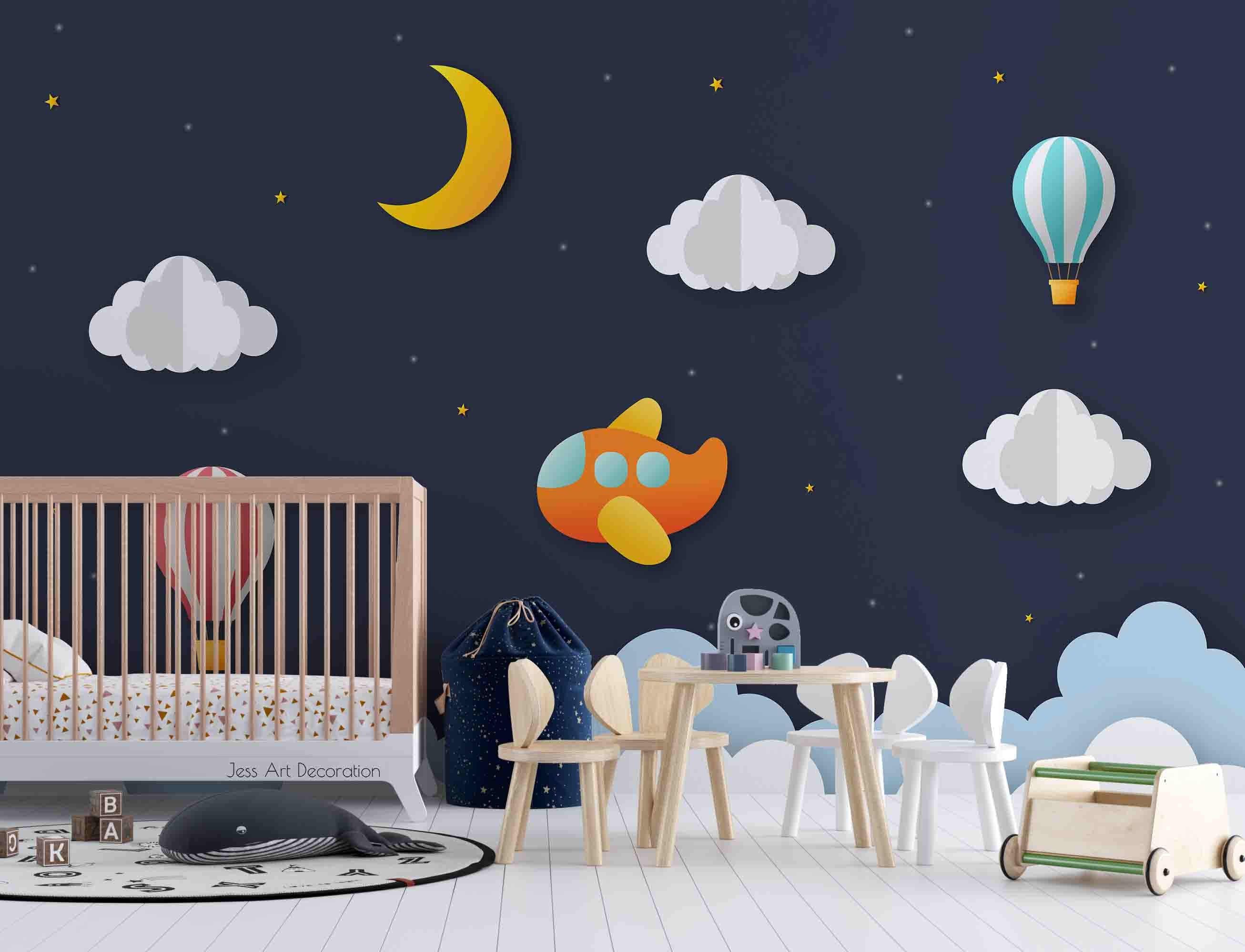3D Moon Airplane Clouds paper airplane moon cloud scene wall mural wallpaper for nursery