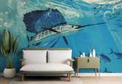 3D Blue Sea Fish underwater tuna fish scene wall mural wallpaper for kids room - view 4
