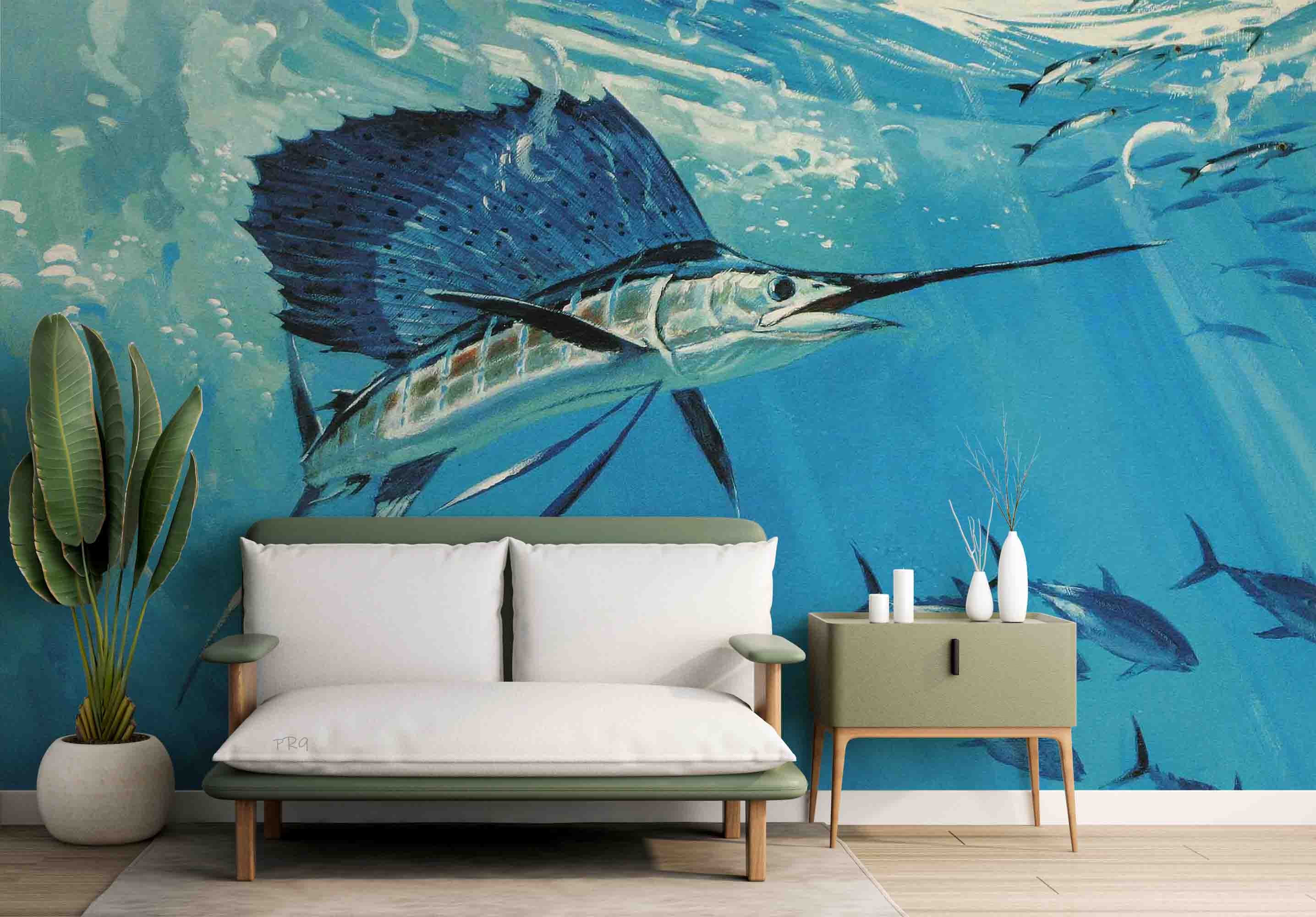 3D Blue Sea Fish underwater tuna fish scene wall mural wallpaper for kids room - view 4