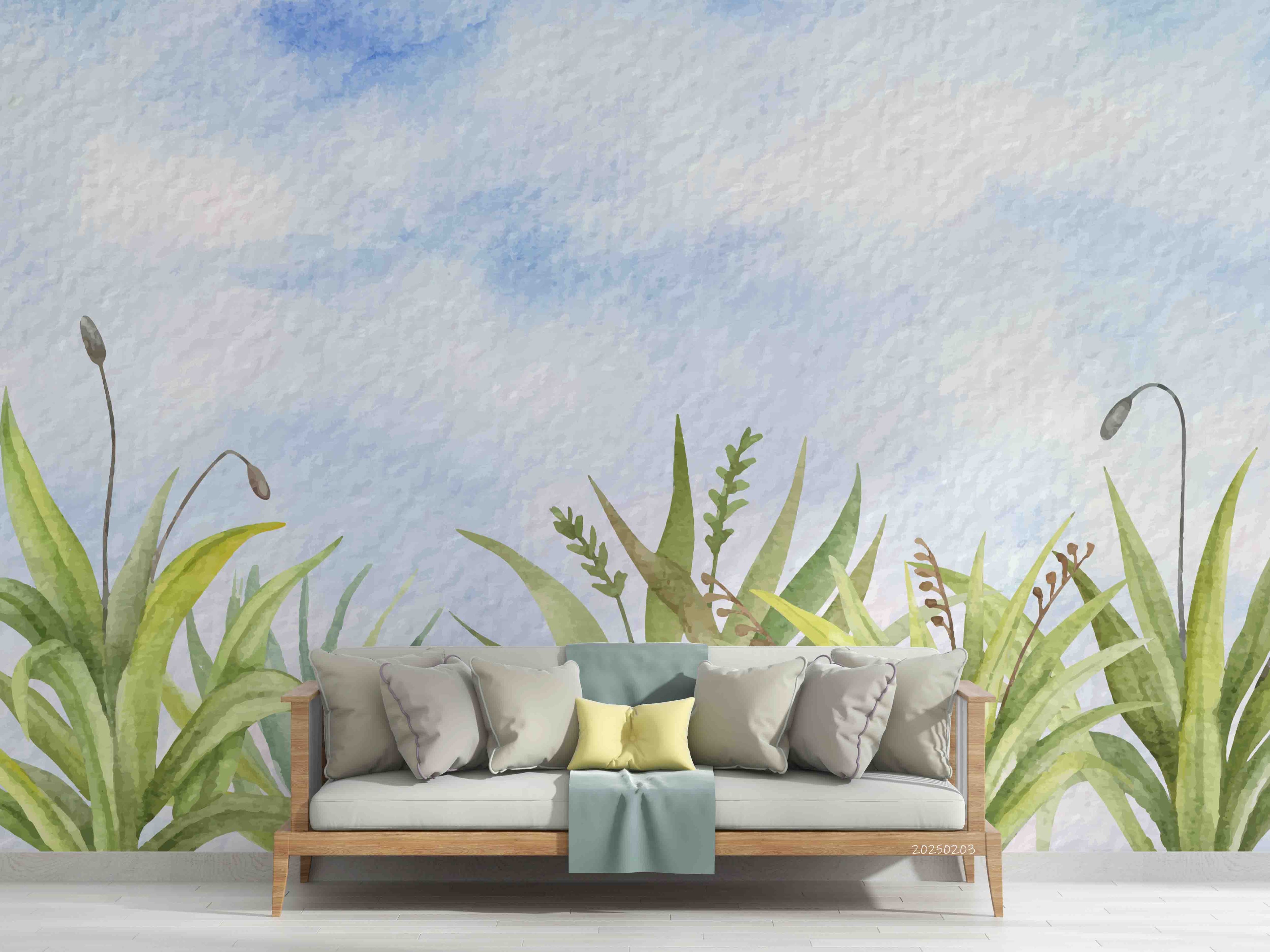 3D Watercolor Blue Sky Cloud Green Plant Wallpaper Wall Mural Wall Decor Wall Art Wall Sticker Remoable Wallpaper LQH