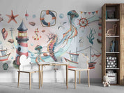 3D Animal Sea Horse Octopus Rudder Sailing Starfish Wall Mural Wallpaper YXL 39
