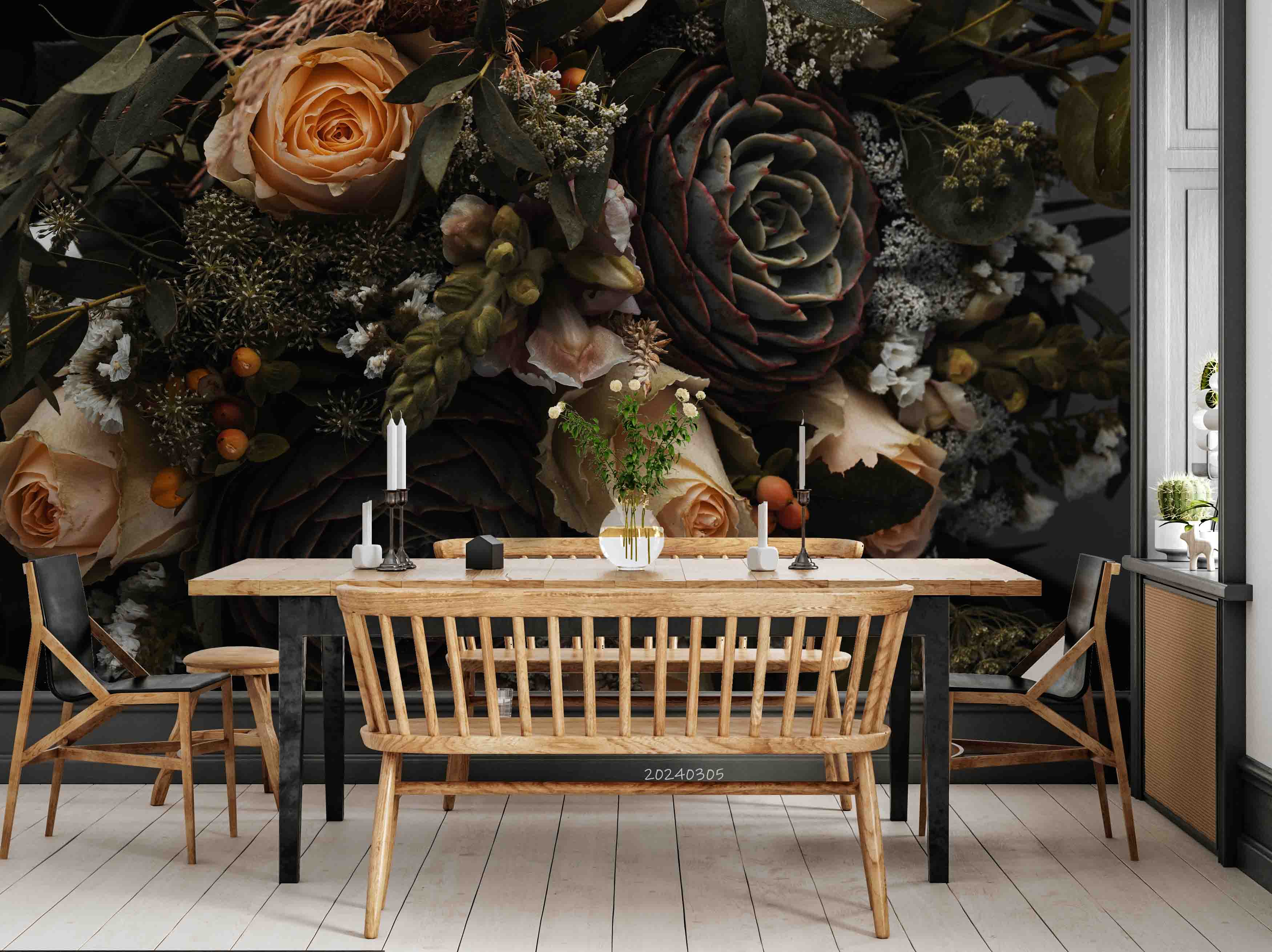 3D Rose Floral Bouquet Dark Background Wallpaper Wall Mural Wall Decor Wall Art Wall Sticker Remoable Wallpaper