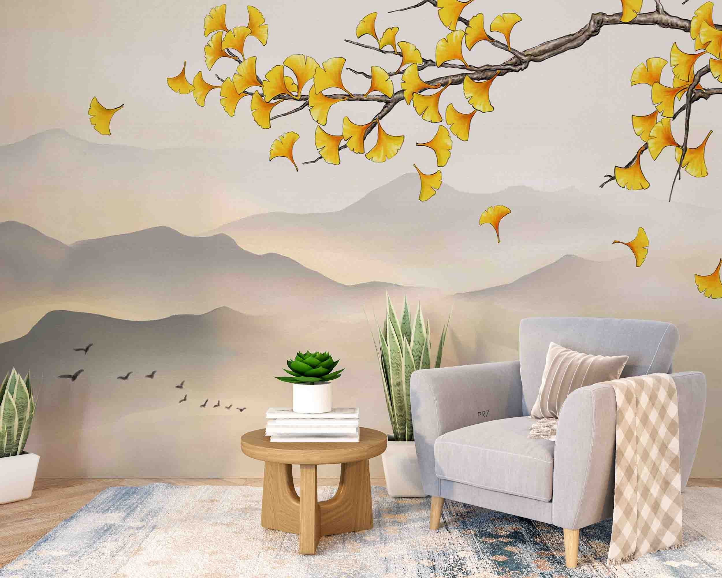 3D Autumn Mountain Branch Yellow Ginkgo Leaf Wall Mural Wallpaper GD 4434- Jess Art Decoration
