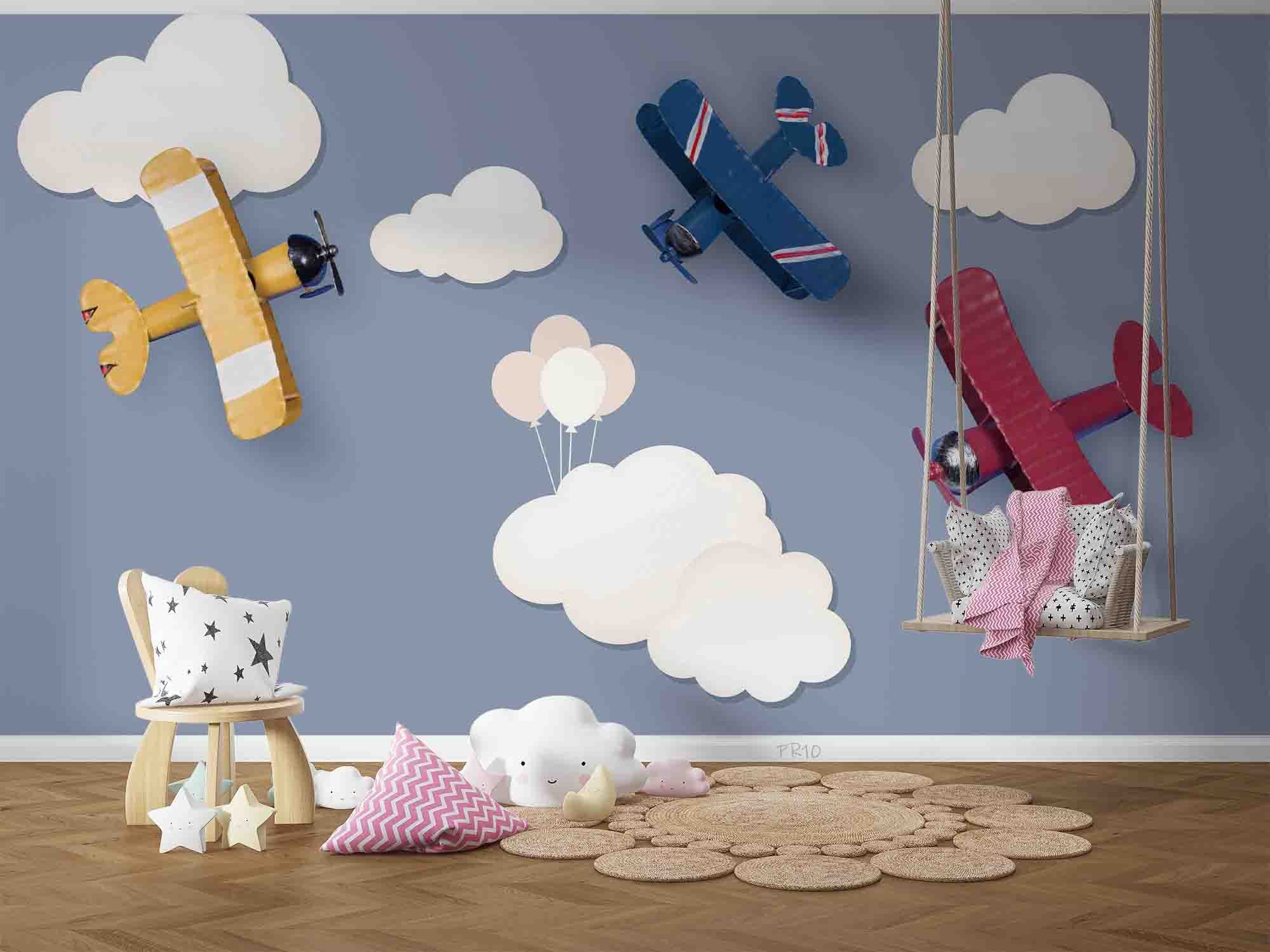 3D Paper Airplane Clouds paper airplane cloud mural wall mural wallpaper for nursery
