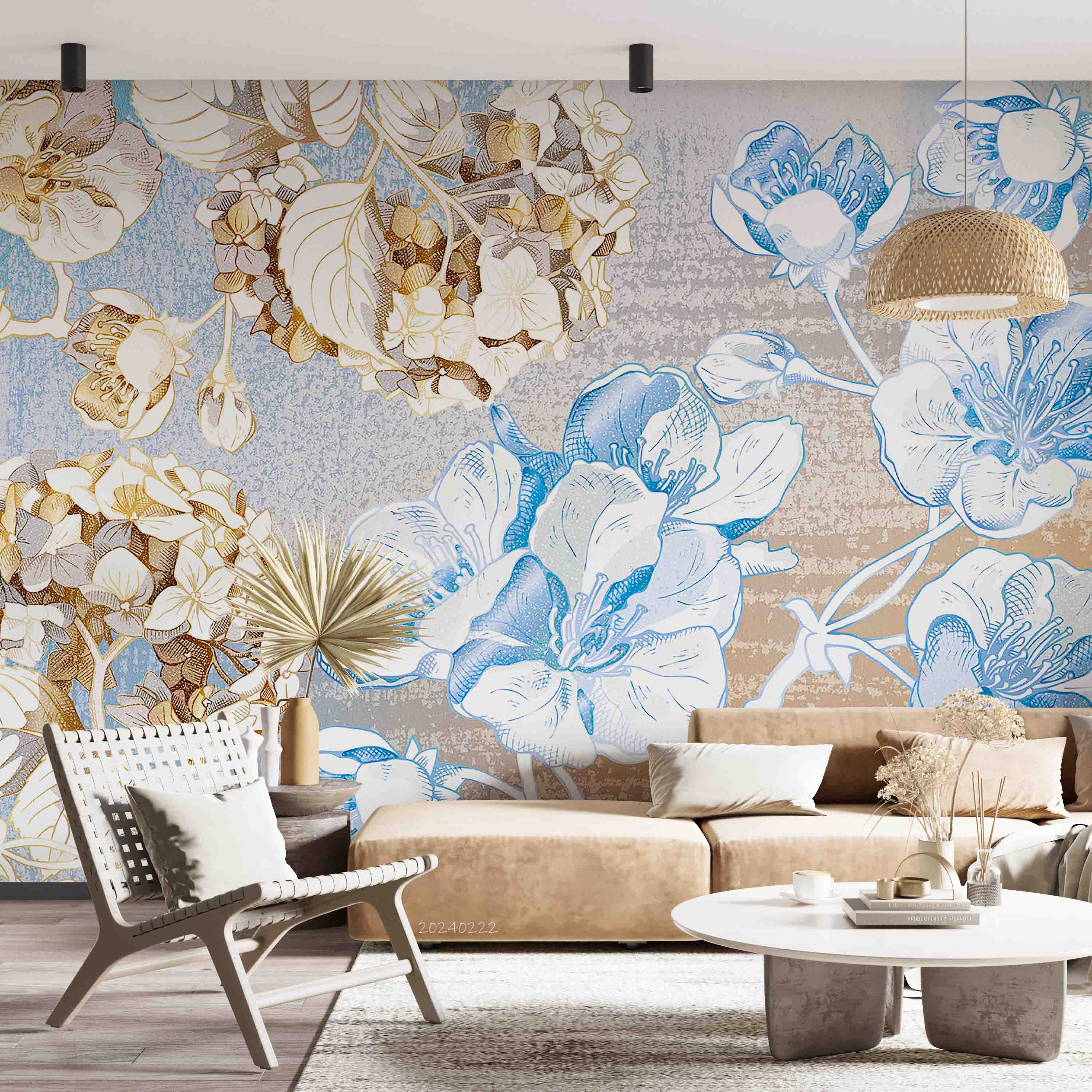 3D Watercolor Blue Brown Floral Wallpaper Wall Mural Wall Decor Wall Art Wall Sticker Remoable Wallpaper LQH 13