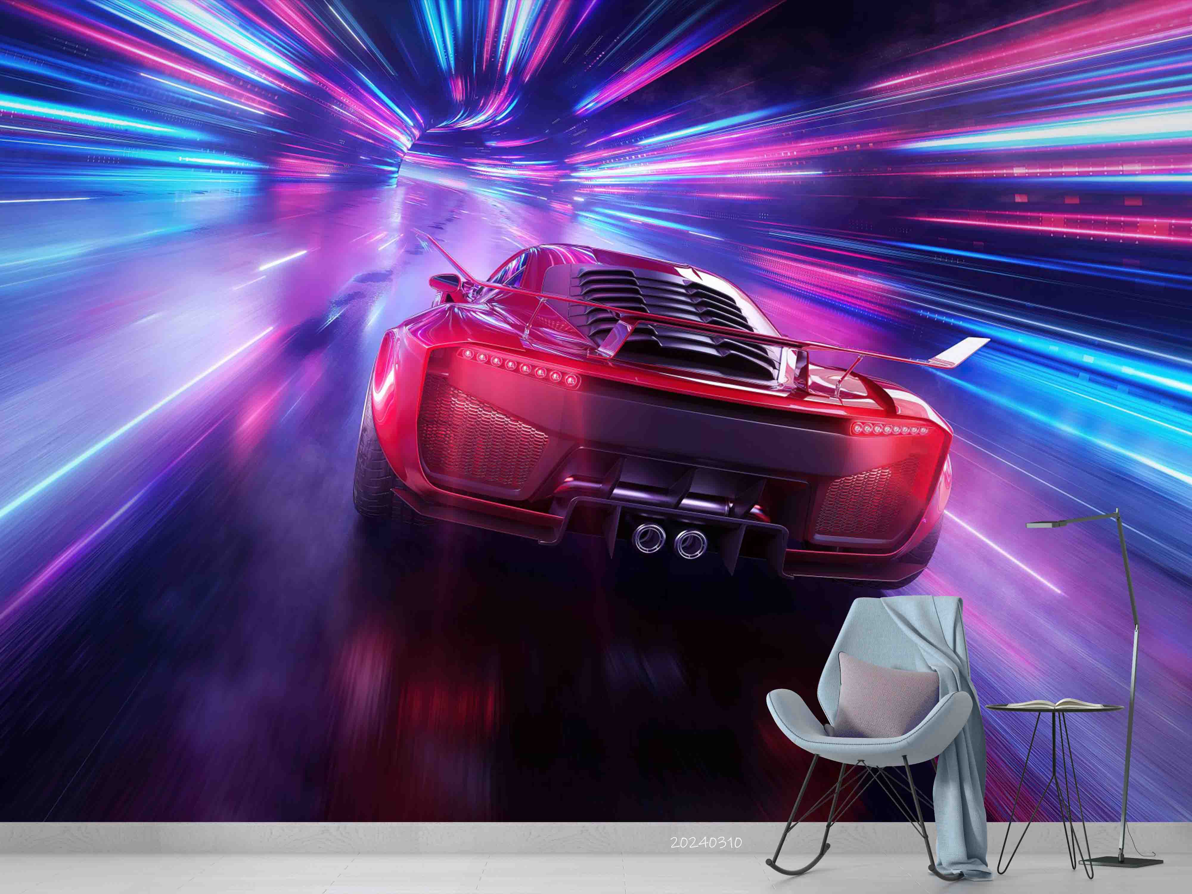 3D Neon Red Sports Car Wallpaper Wall Mural Wall Decor Wall Art Wall Sticker Remoable Wallpaper