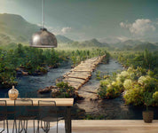 3D Landscape Forest Pond Wooden Bridge Mountains Sky Clouds Wall Mural Wallpaper GD 3071- Jess Art Decoration