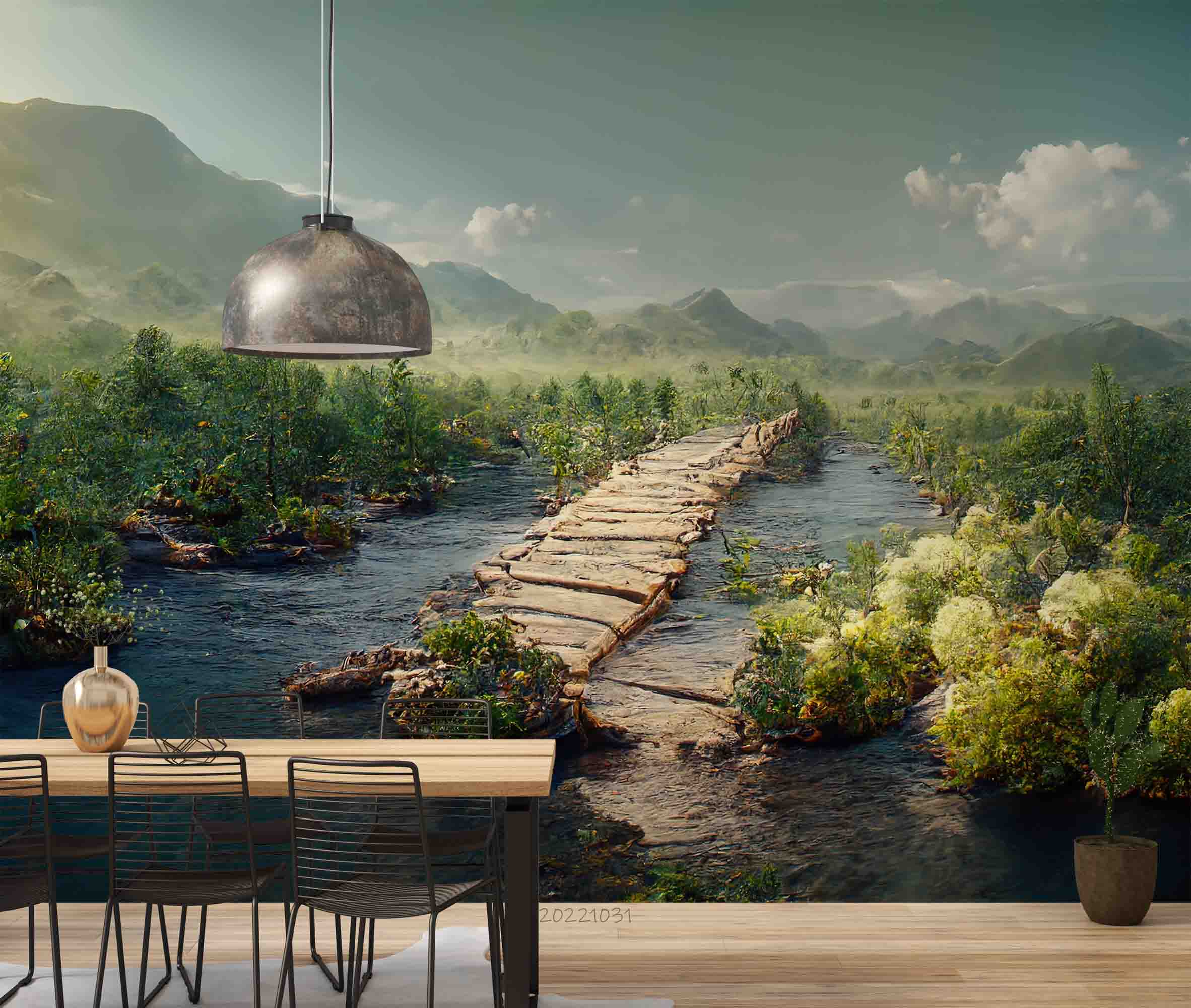 3D Landscape Forest Pond Wooden Bridge Mountains Sky Clouds Wall Mural Wallpaper GD 3071- Jess Art Decoration