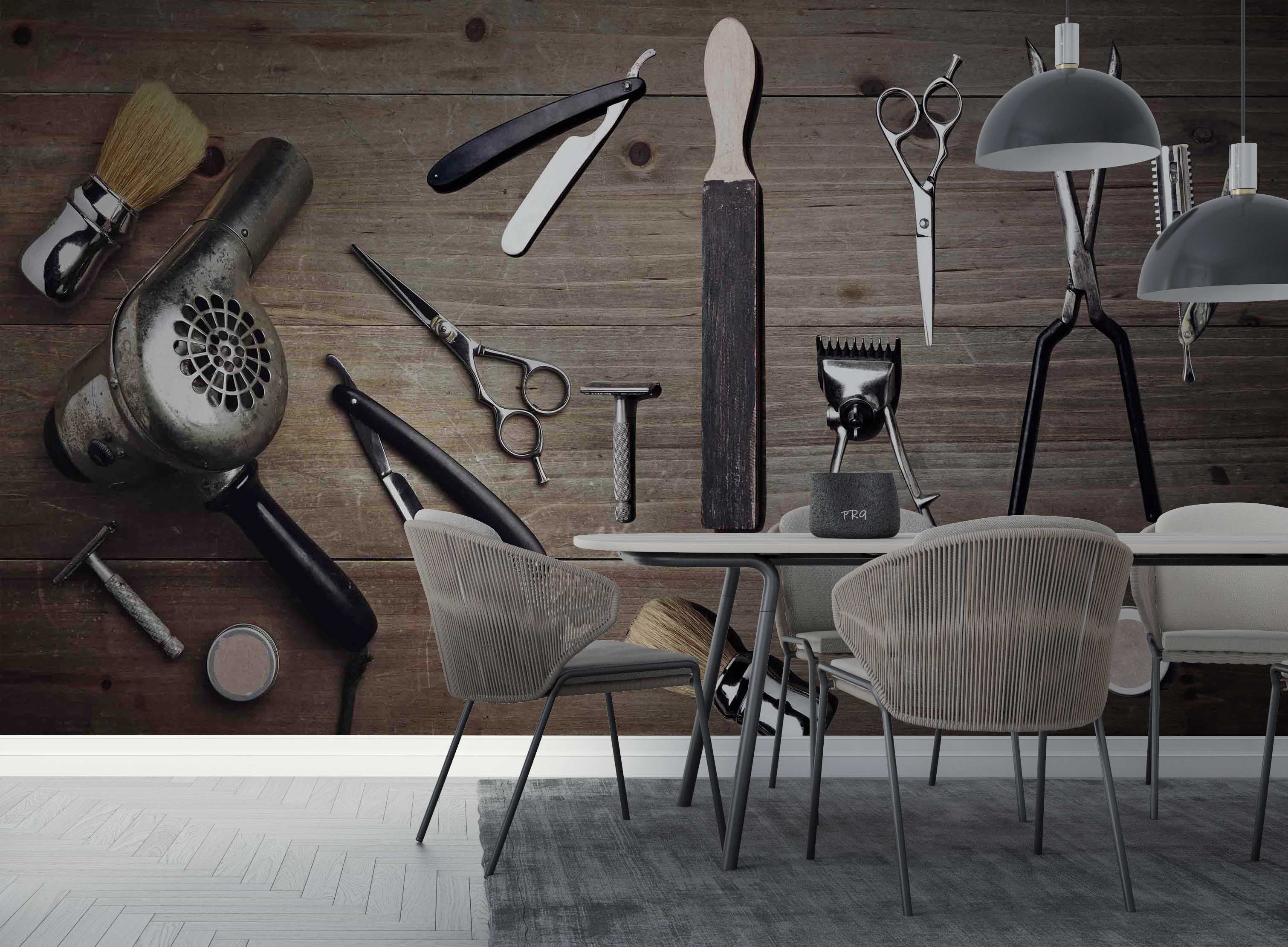 3D Barber Tools Wooden Board Texture Background Wall Mural Wallpaper GD 4702- Jess Art Decoration