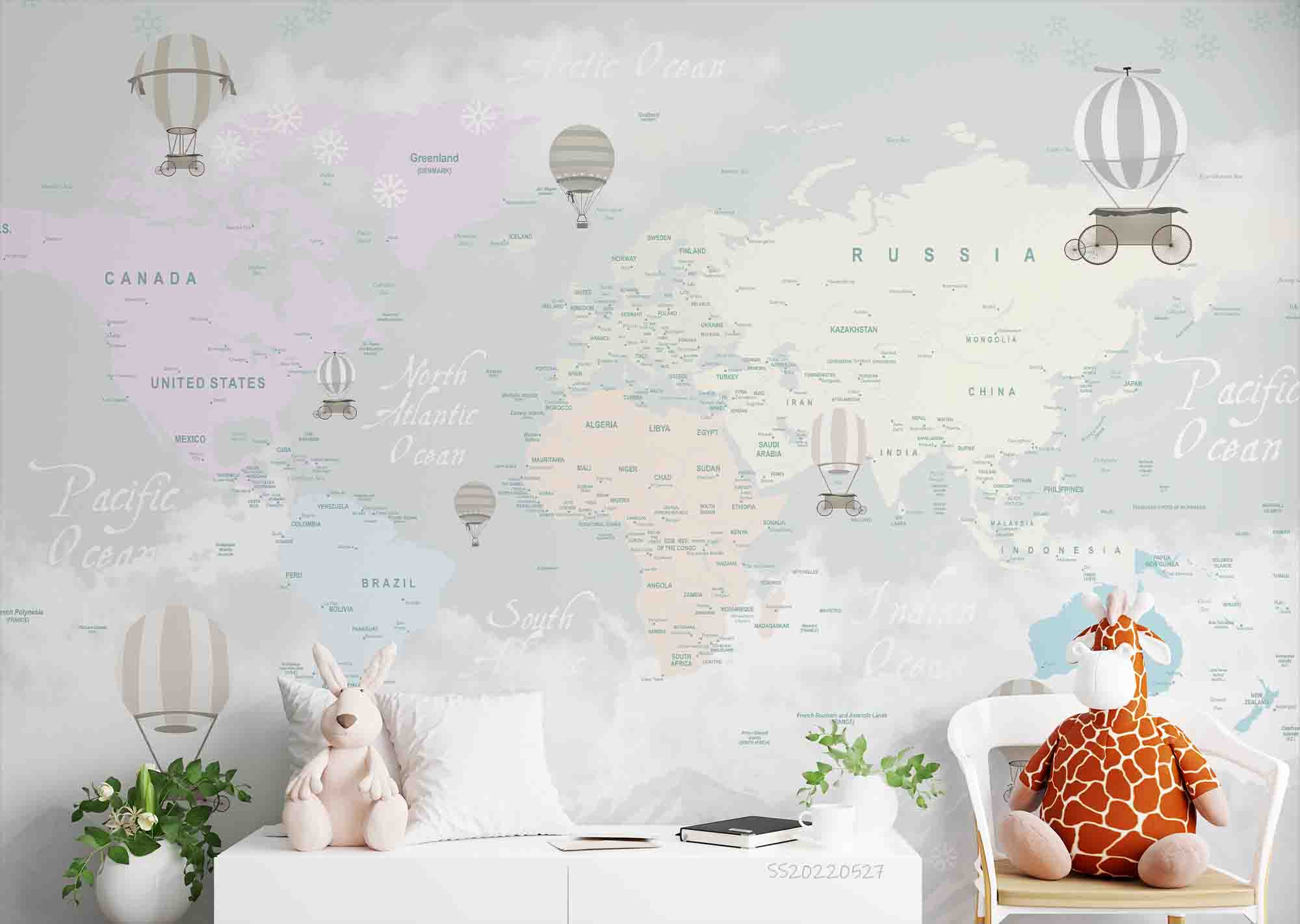 3D Detailed World Map Hot Air Balloon Wall Mural Wallpaper GD 4167- Jess Art Decoration