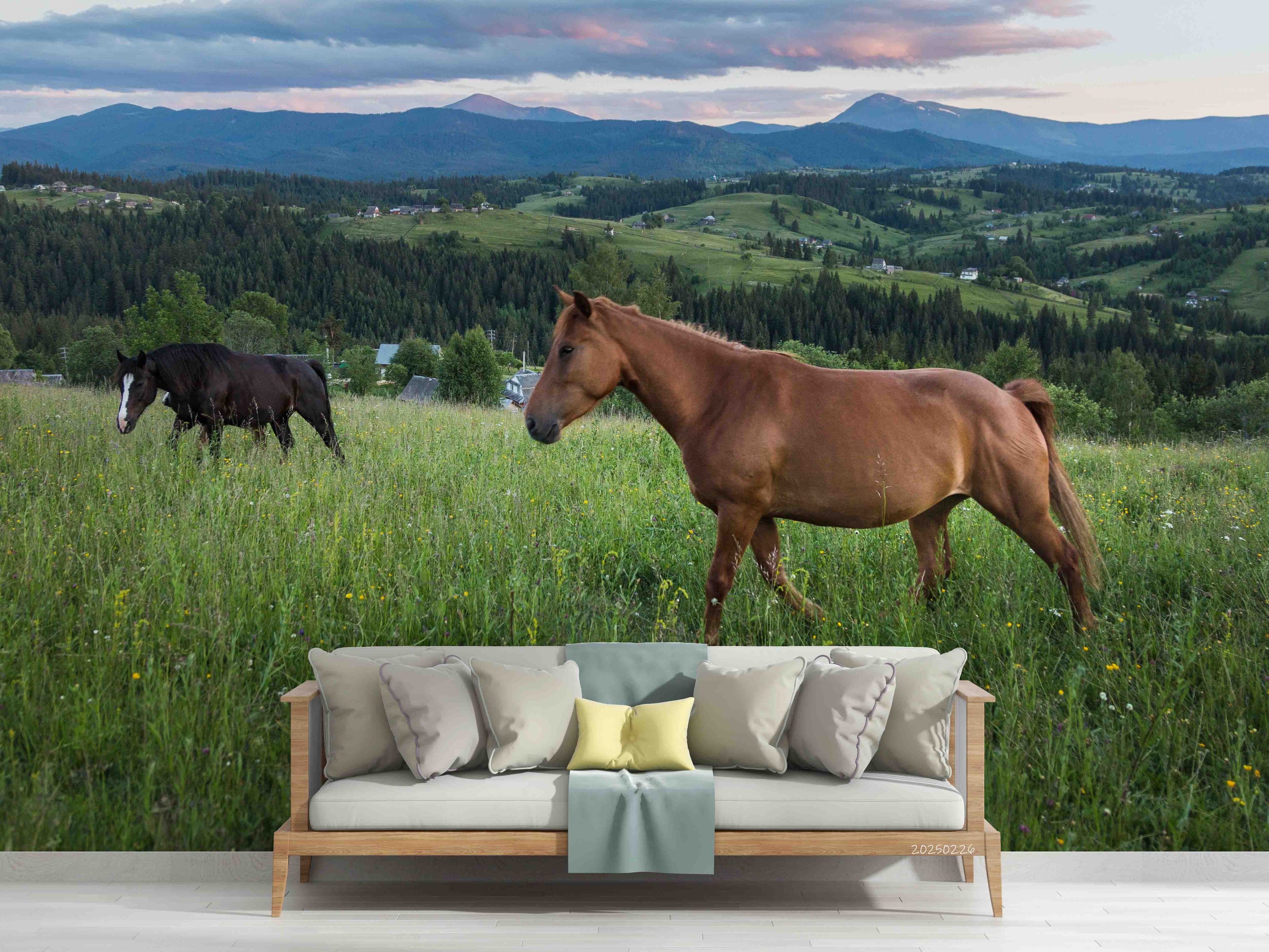 3D Nature Sky Mountains Grassland Horse Wallpaper Wall Mural Wall Decor Wall Art Wall Sticker Remoable Wallpaper LQH