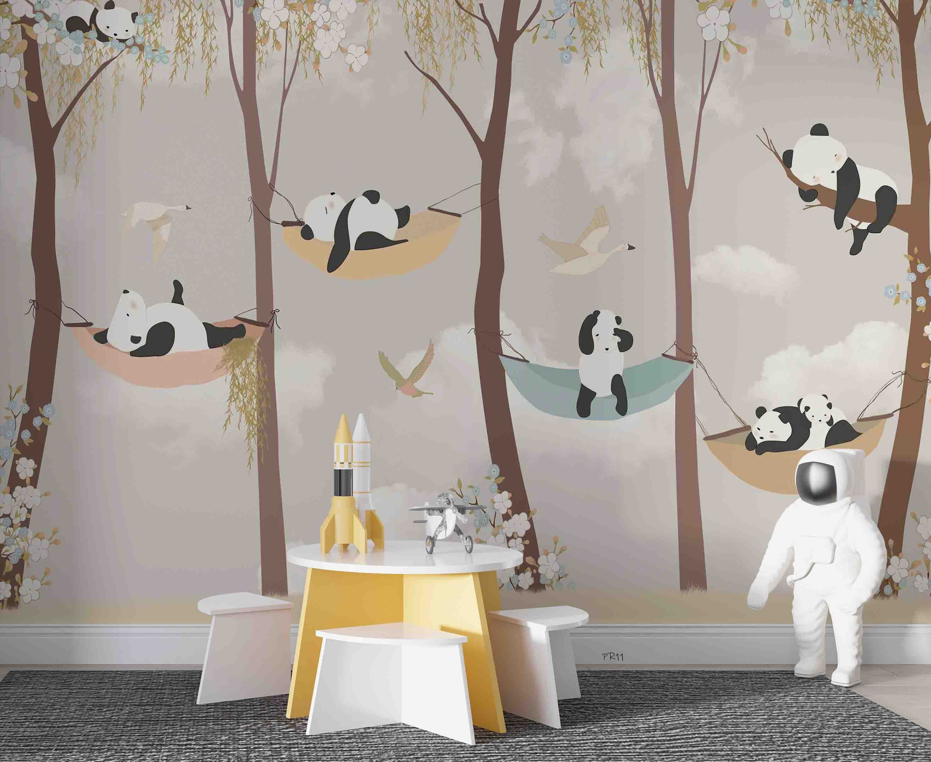 3D Cartoon Cute Forest Panda Hammock Wall Mural Wallpaper GD 4838- Jess Art Decoration