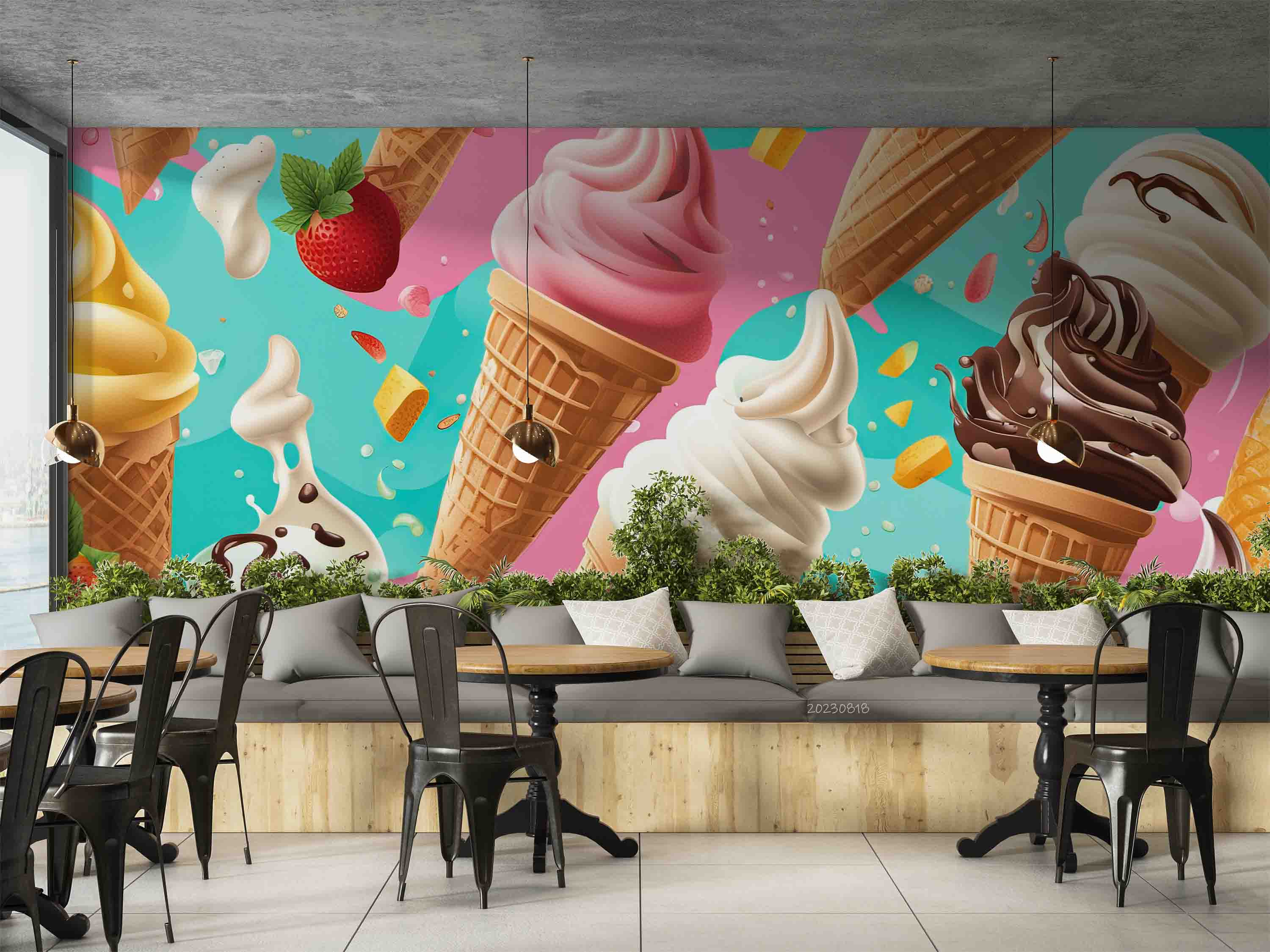 3D Ice Cream Strawberry Blue Wall Mural Wallpaper YXL 2336