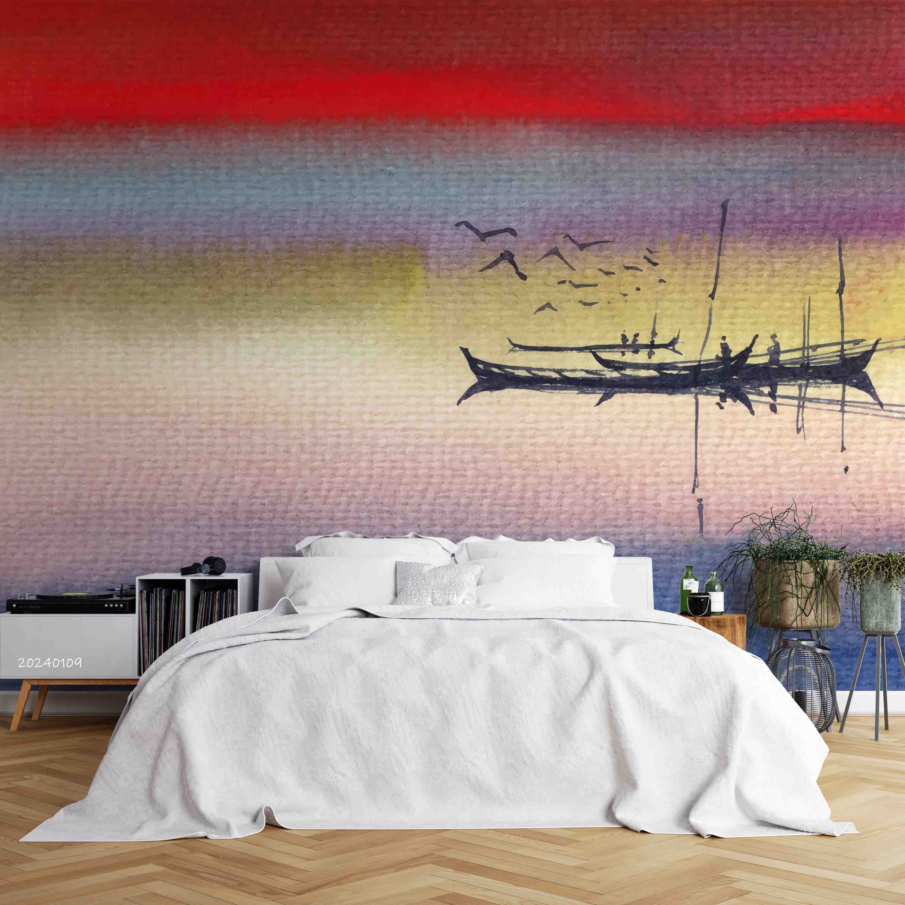 3D Oil Painting Sea Grassland Ship Sea Mew Wall Mural Wallpaper YXL 141