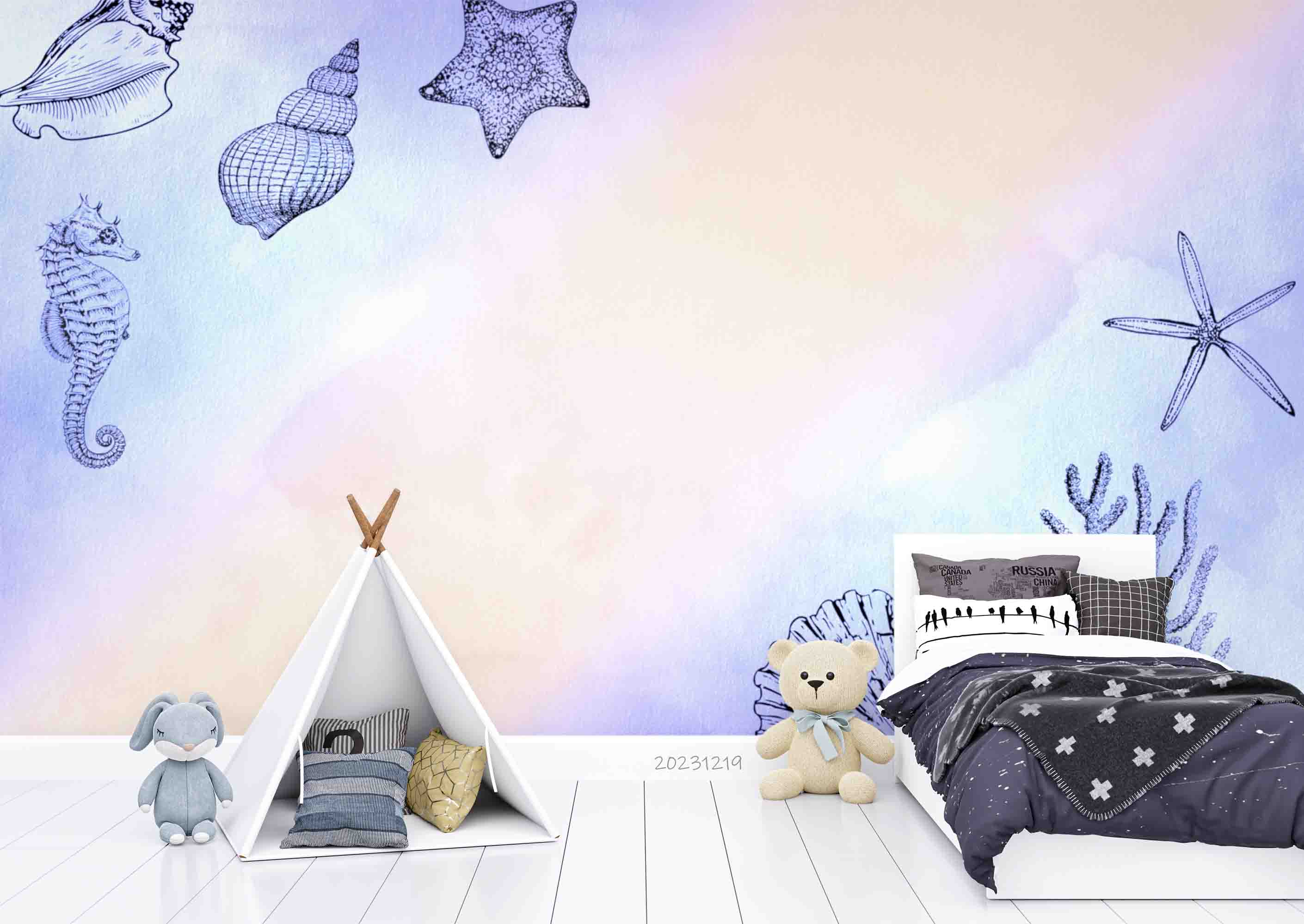 3D Animal Conch Coral Sea Horse Starfish Sea Wall Mural Wallpaper YXL 07