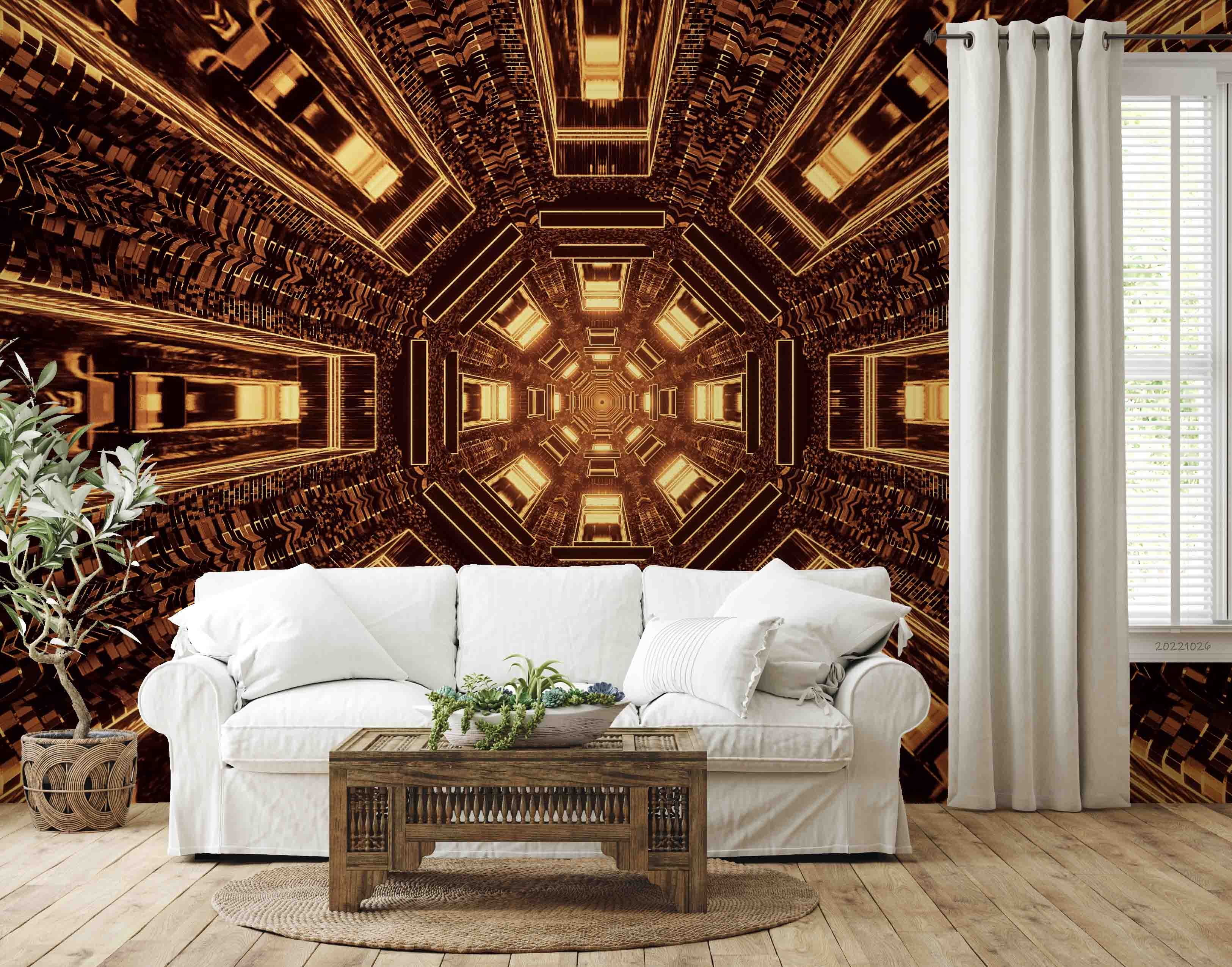 3D Futuristic Sci-Fi Tunnel Corridor Brown Gold Light Wall Mural Wallpaper GD 3170- Jess Art Decoration