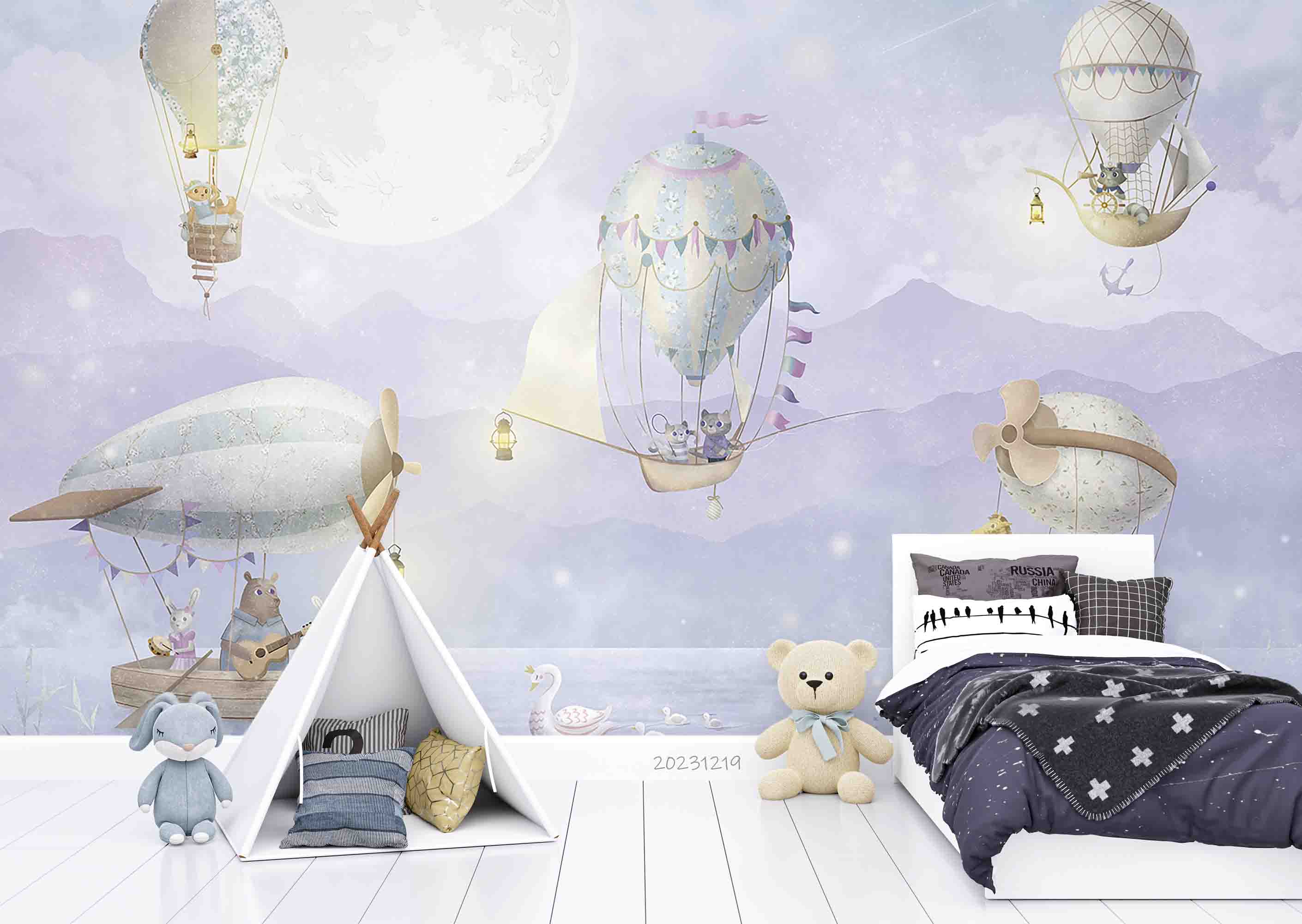3D Animal Hydrogen Balloon Rabbit Cat Goose Bear Wall Mural Wallpaper YXL 28
