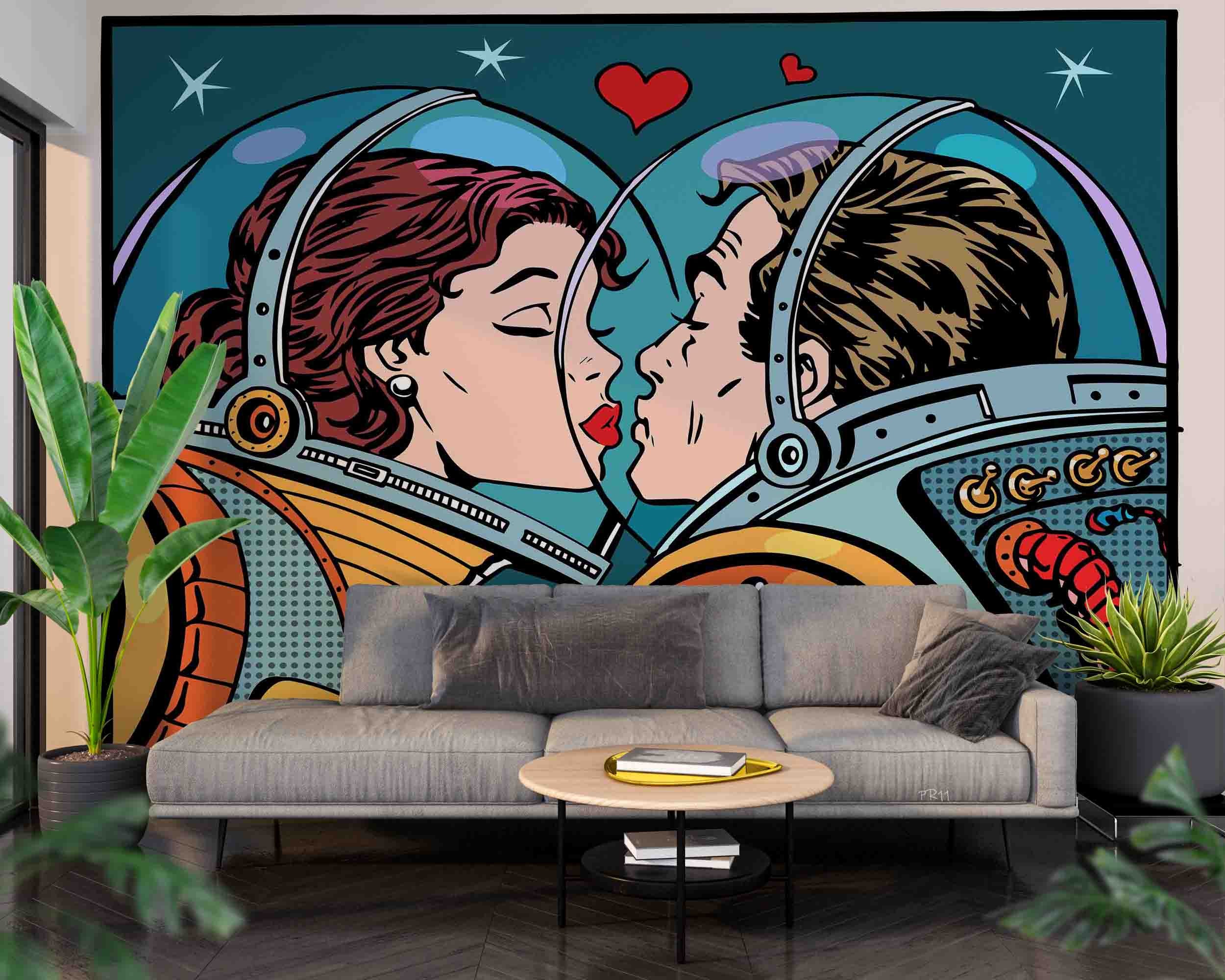 3D Astronaut Couple Kiss romantic astronaut pop art scene wall mural wallpaper for bedroom - view 4