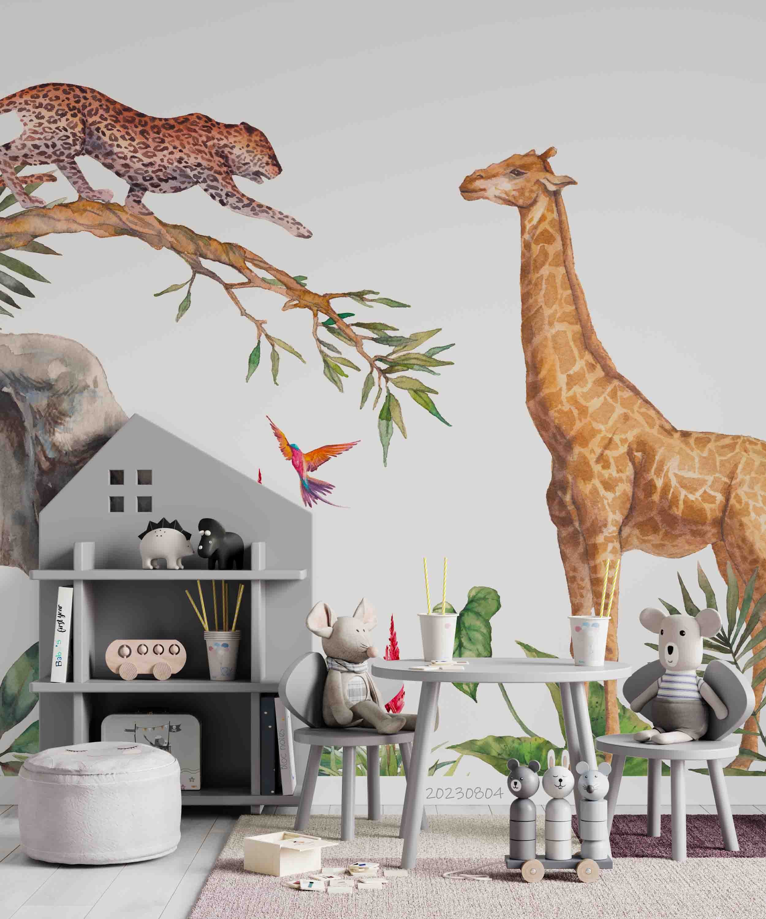 3D Animal Giraffe Cheetah Elephant Tree Wall Mural Wallpaper YXL 2531