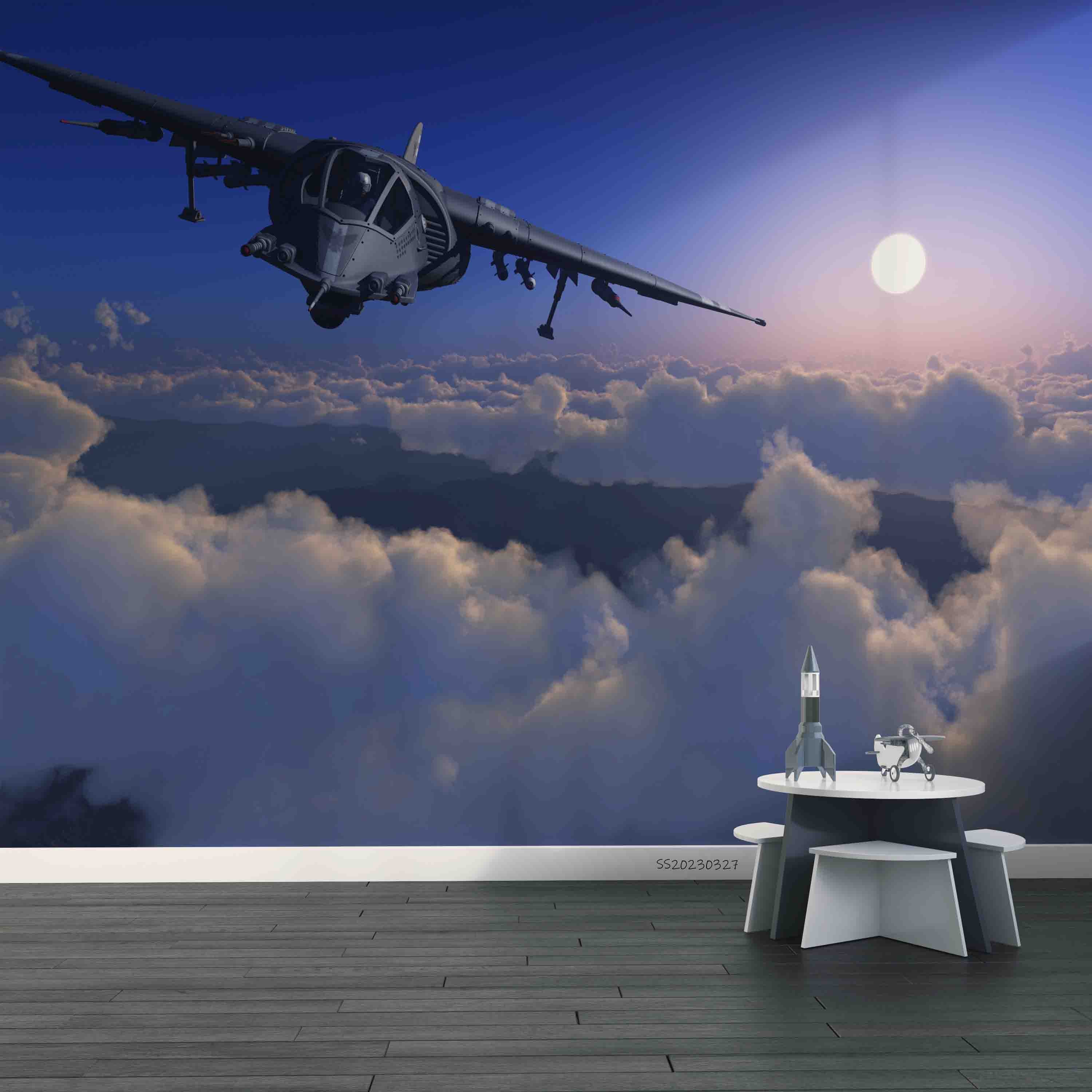 3D Military Aircraft Clouds Sky Flight Wall Mural Wallpaper GD 5478- Jess Art Decoration