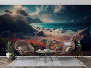 3D Sandbeach Ocean Mountain Blue Spindrift Tree Wall Mural Wallpaper YXL 5- Jess Art Decoration