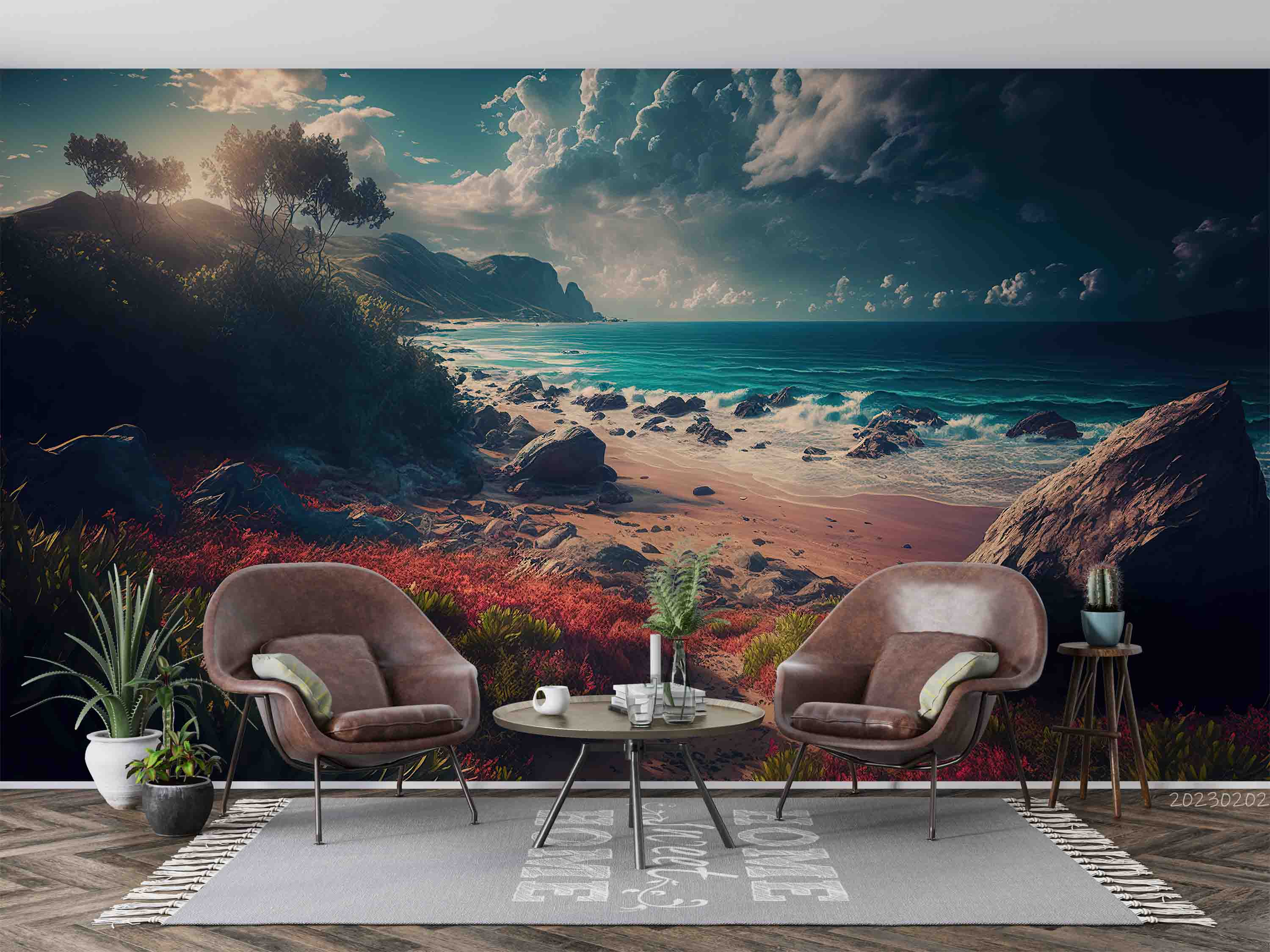 3D Sandbeach Ocean Mountain Blue Spindrift Tree Wall Mural Wallpaper YXL 5- Jess Art Decoration