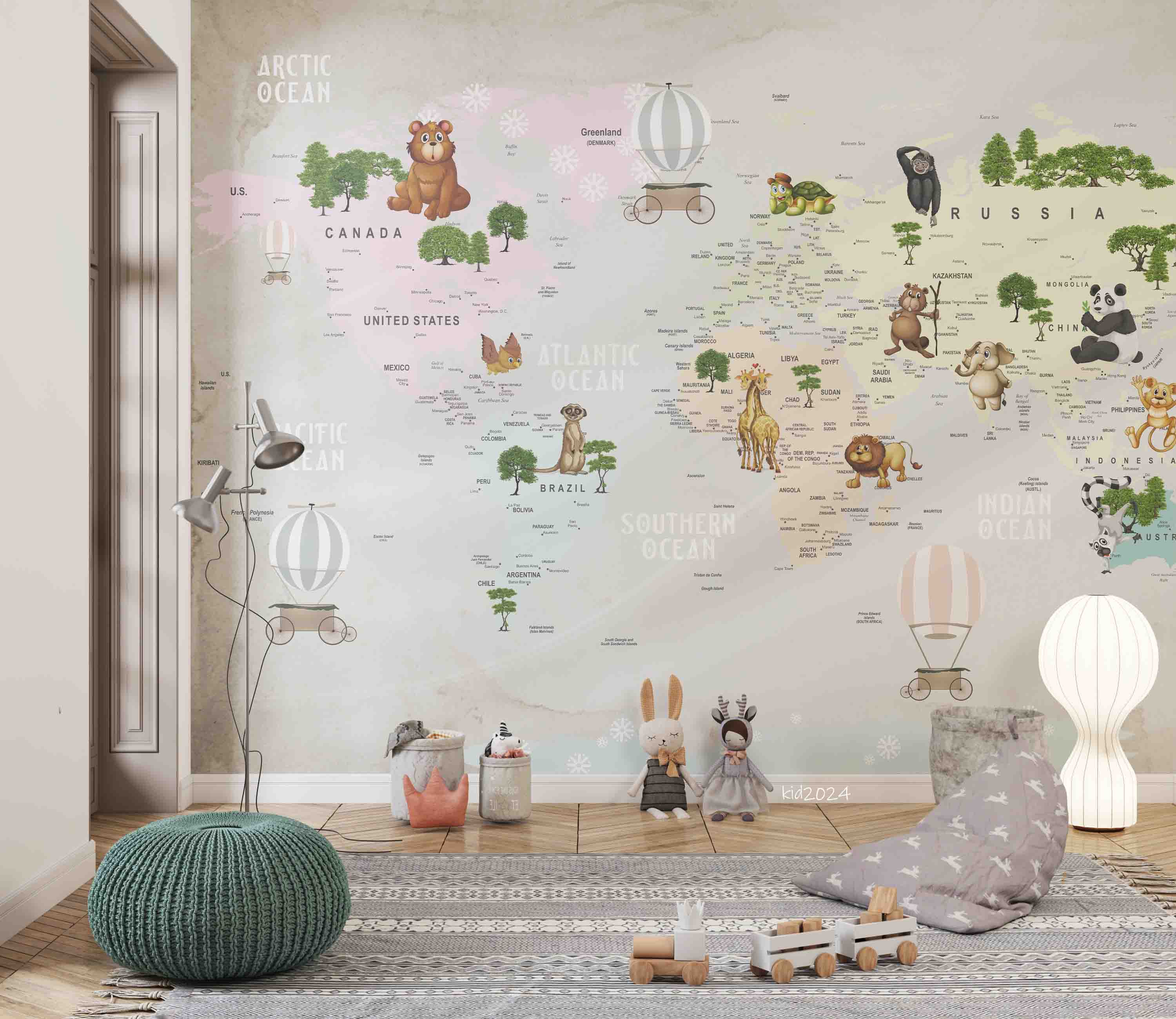 3D World Map Hydrogen Balloon Zoon Wall Mural Wallpaper YXL 356