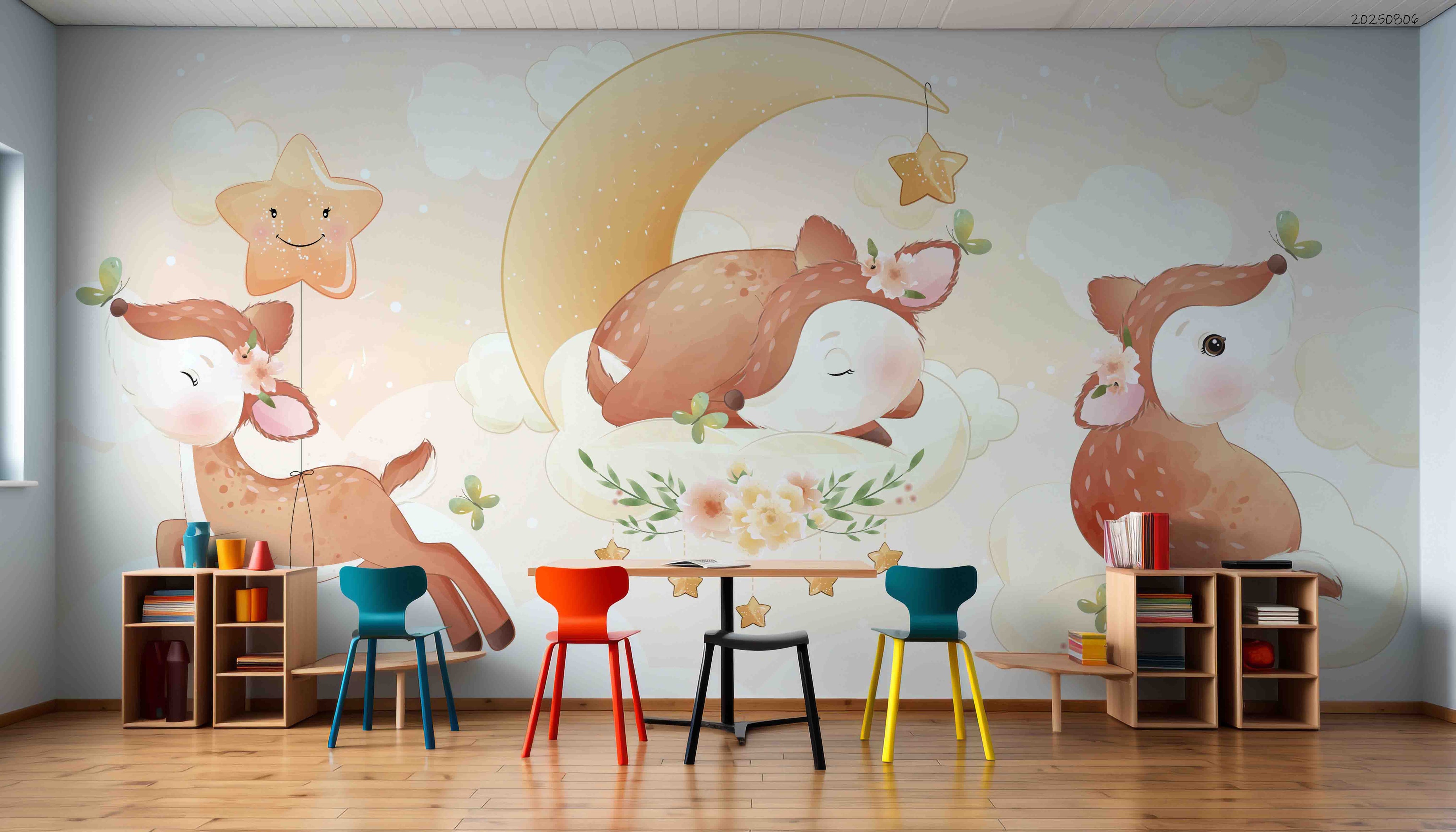 3D Childcare Nursery School Cartoon Kids Deer Wall Mural Wallpaper JN