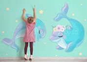 3D Cartoon Cute Dolphin Floral Star Wall Mural Wallpaper GD 4898- Jess Art Decoration
