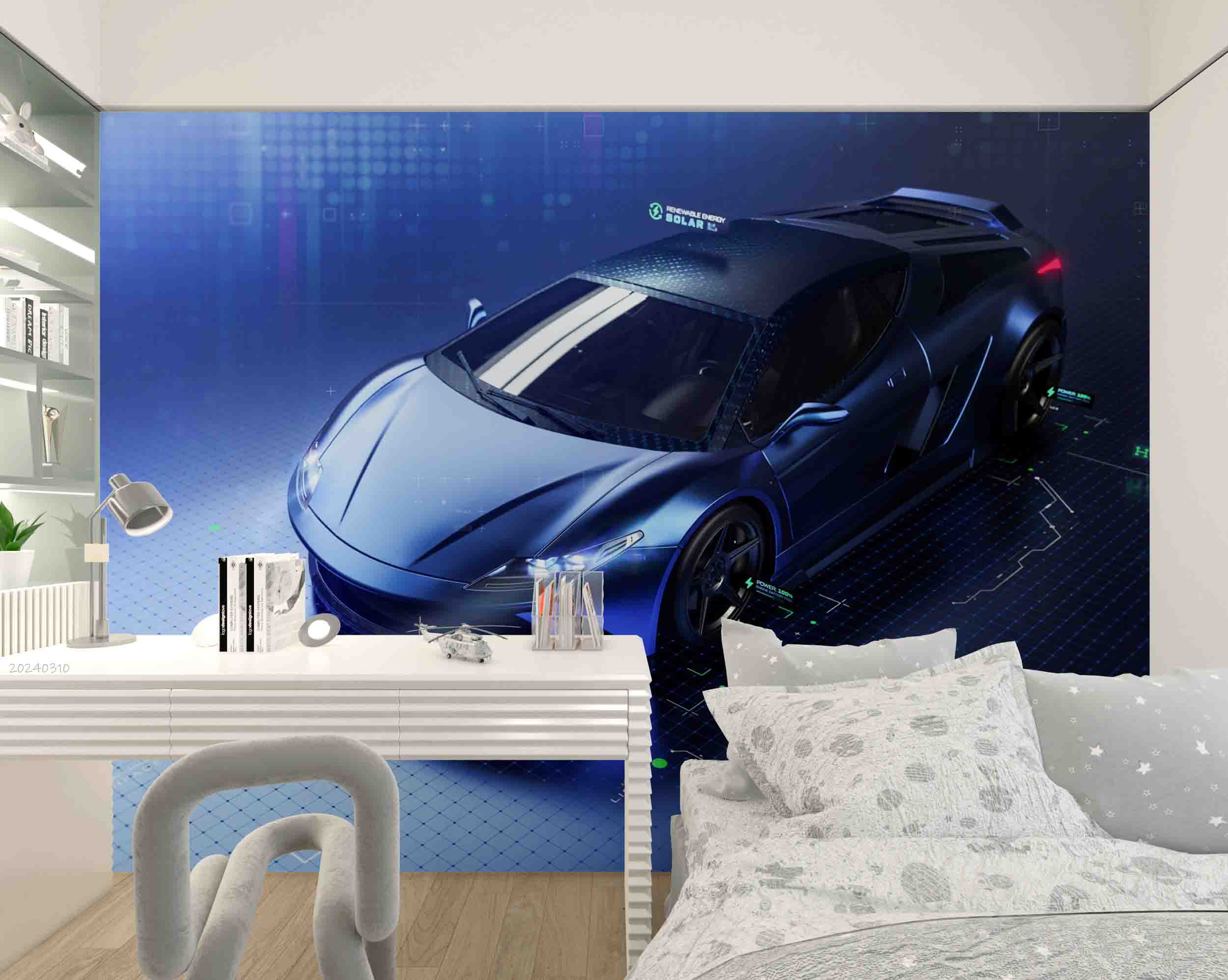 3D Blue Sports Car Wallpaper Wall Mural Wall Decor Wall Art Wall Sticker Remoable Wallpaper