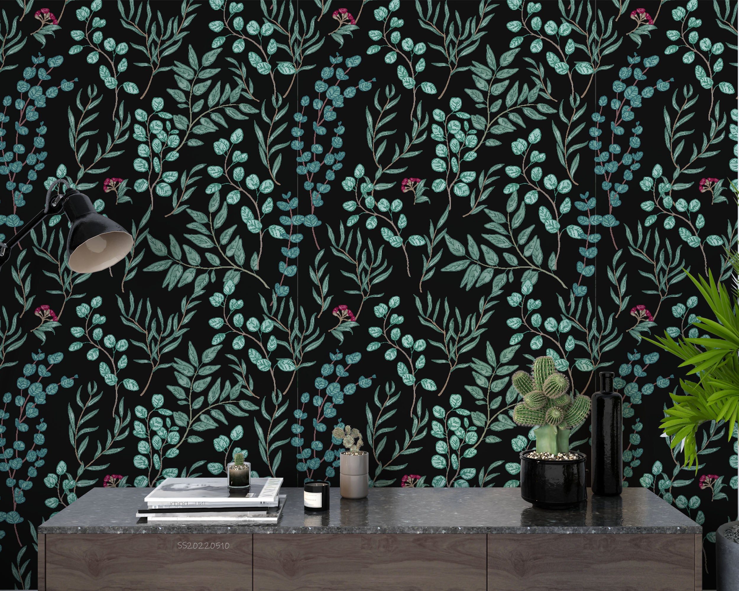 3D Vintage Botanical Eucalyptus Branches Flowers Black Background Wall Mural Wallpaper GD 4056- Jess Art Decoration