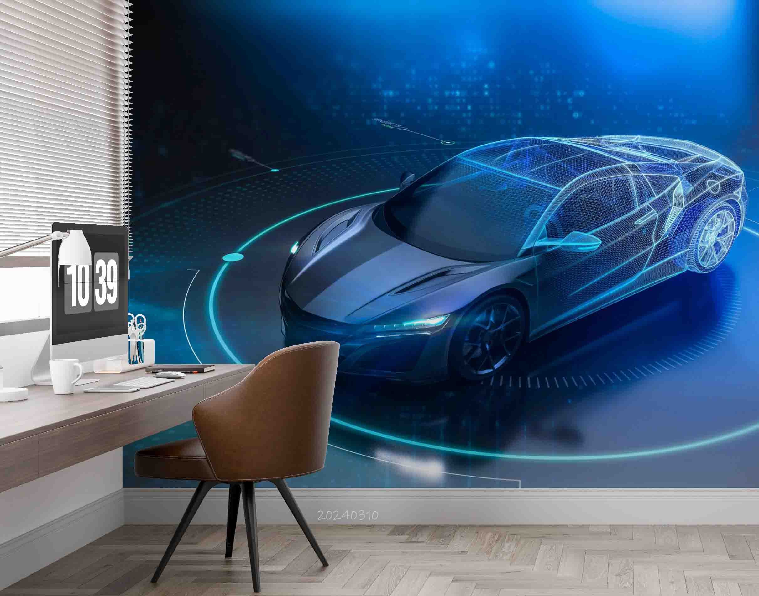 3D Blue Sports Car Wallpaper Wall Mural Wall Decor Wall Art Wall Sticker Remoable Wallpaper
