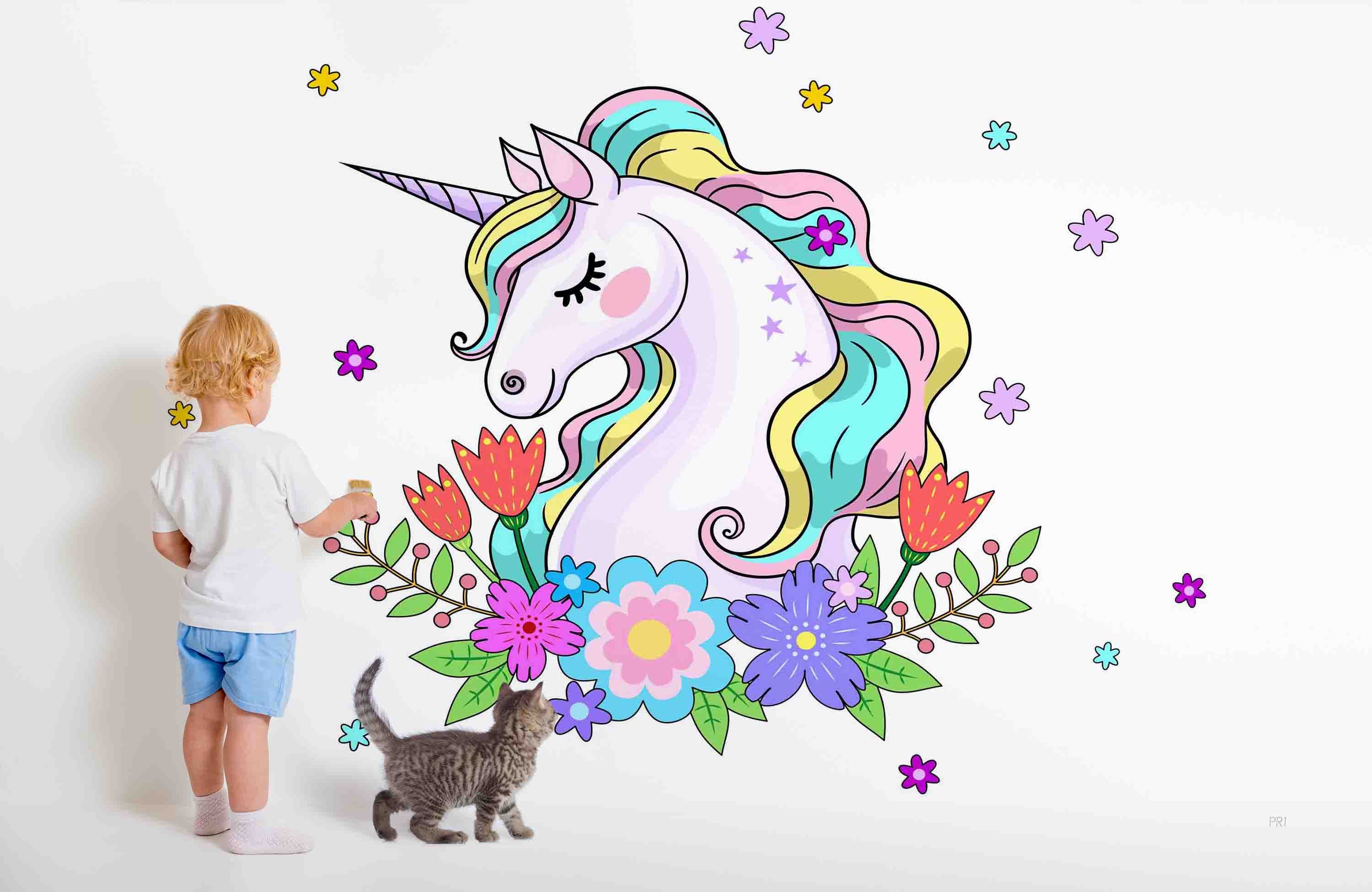 3D Animal Unicorn Floral Leaf Wall Mural Wallpaper YXL 2653