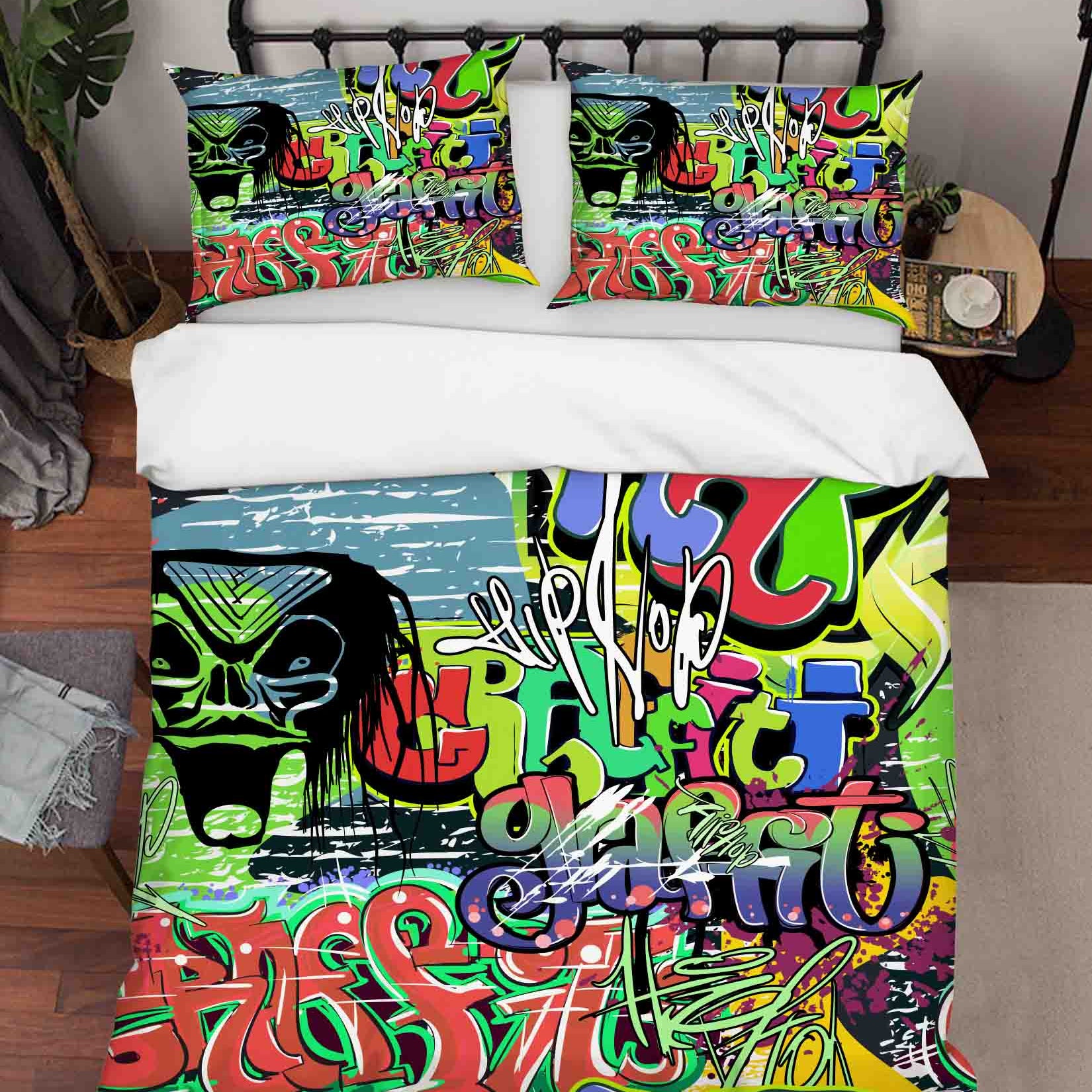 3D Street Graffiti Green Skull Quilt Cover Set Bedding Set Pillowcases 333- Jess Art Decoration