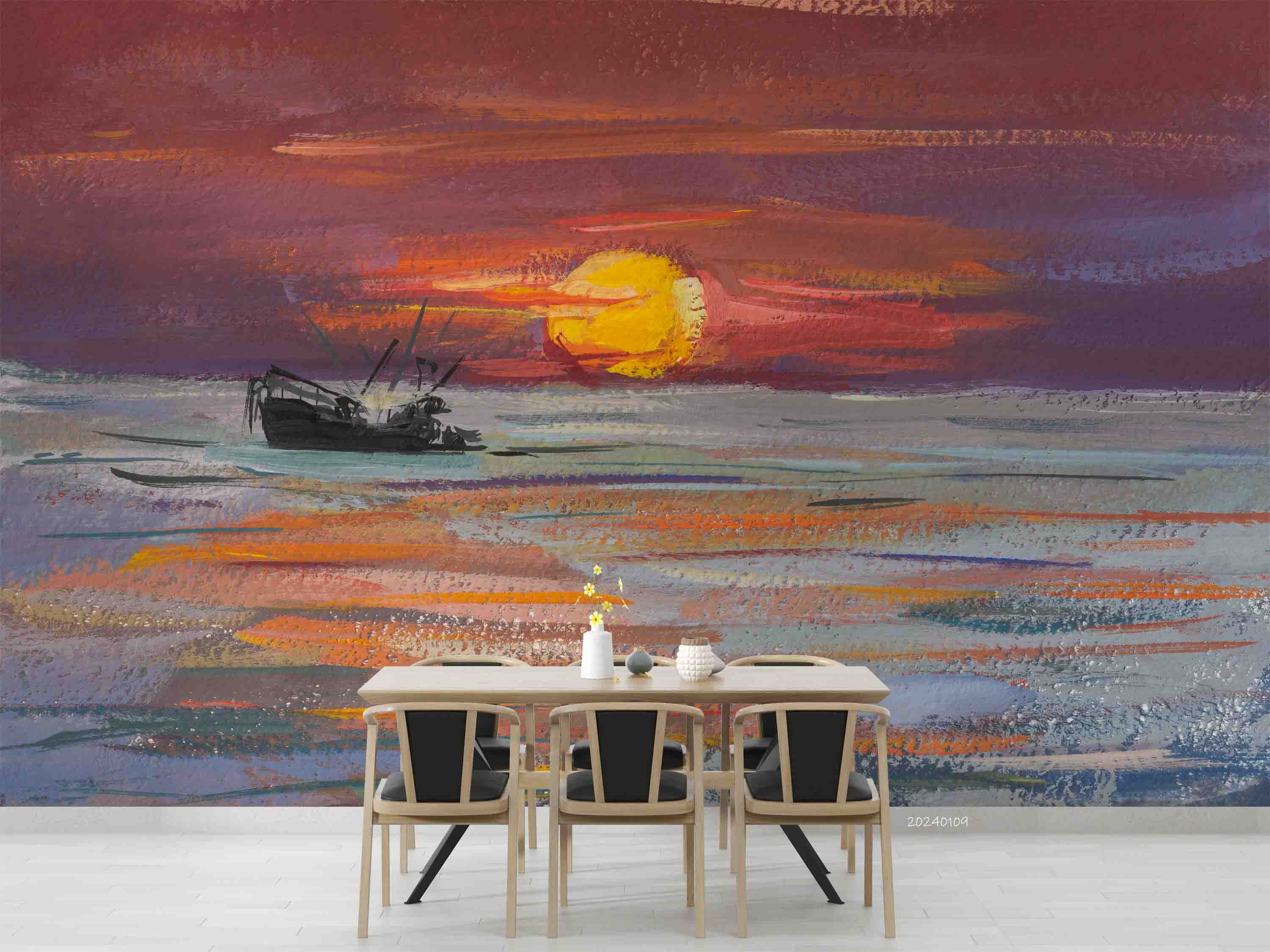 3D Oil Painting Sea Person Ship Sunrise Wave Wall Mural Wallpaper YXL 146