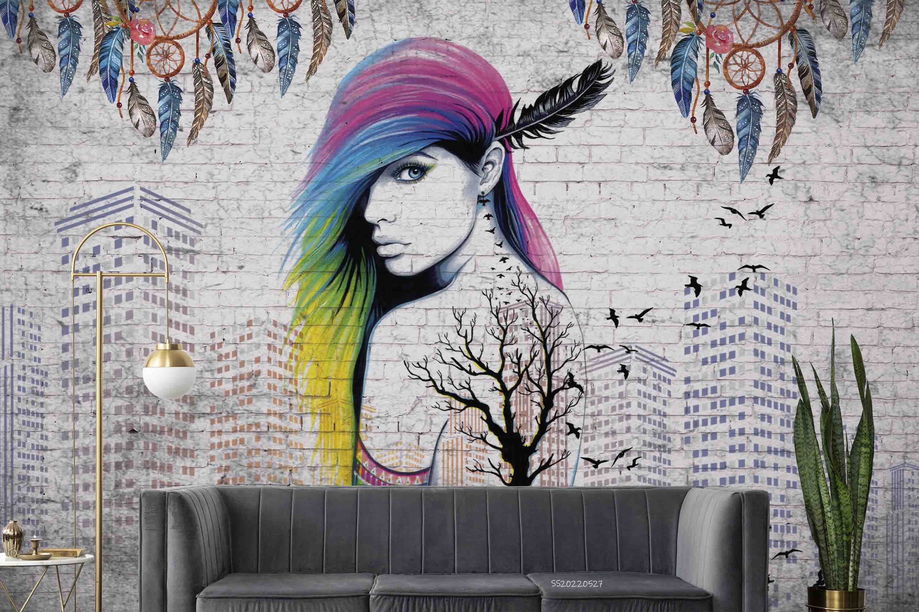 3D Abstract Graffiti Girl Architecture Dream Catcher Wall Mural Wallpaper GD 4189- Jess Art Decoration